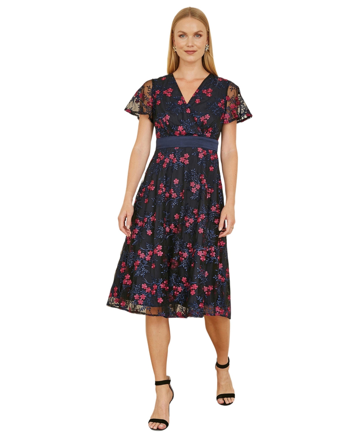 Yumi Women’s Floral Mesh Wrap Midi Skater Dress – Navy