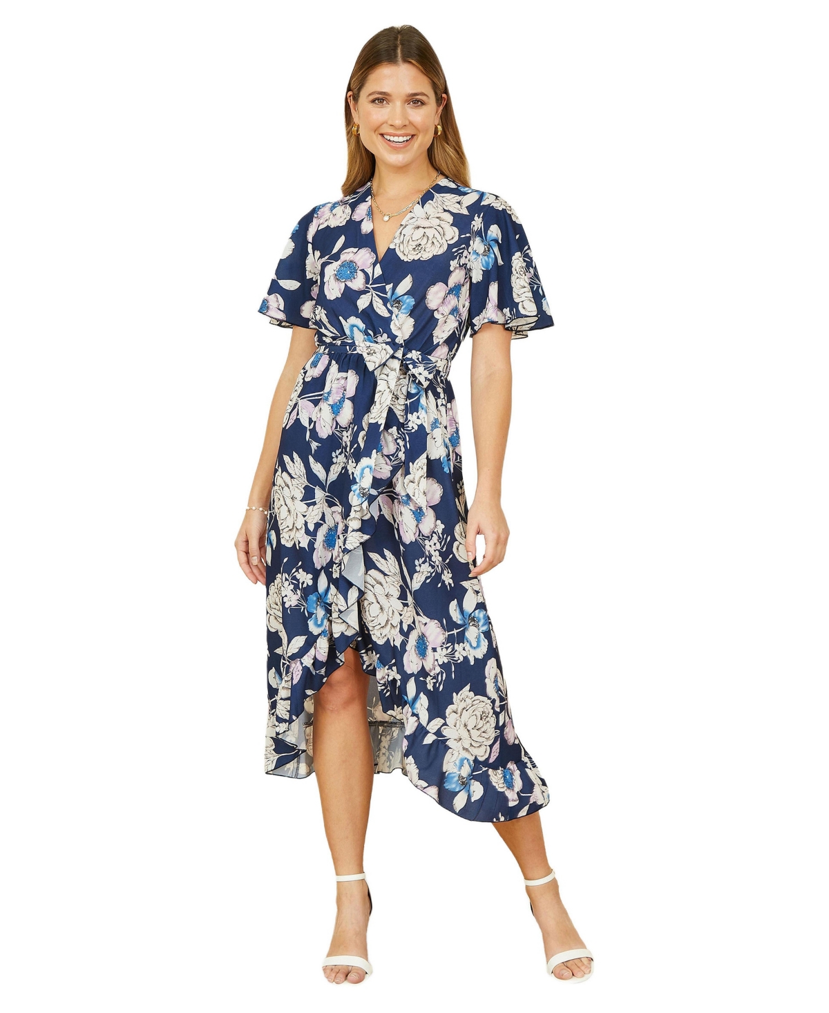 Yumi Women’s Floral Midi Wrap Dress – Navy