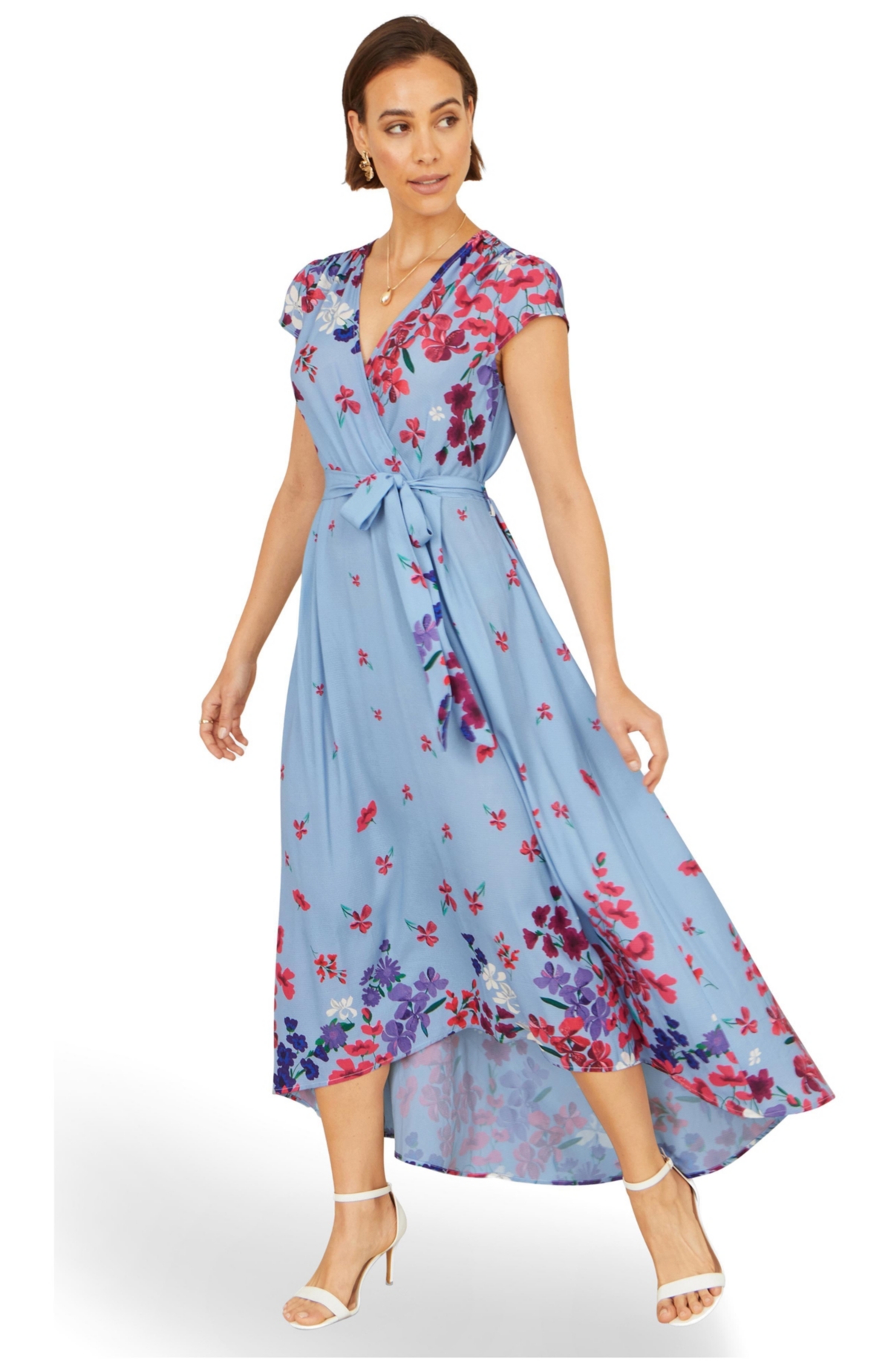 Yumi Women’s Floral Mirror Dip Hem Wrap Dress – Blue Yumi Women’s Floral Mirror Dip Hem Wrap Dress – Blue