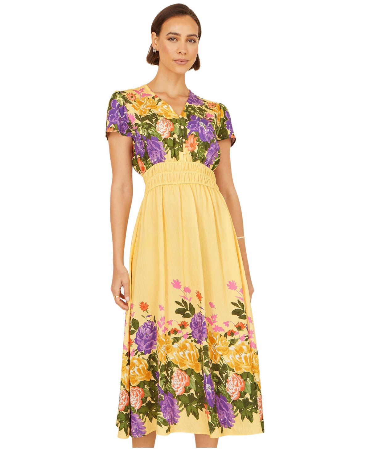 Yumi Women’s Floral Mirror Print Viscose Midi Dress – Butter yellow
