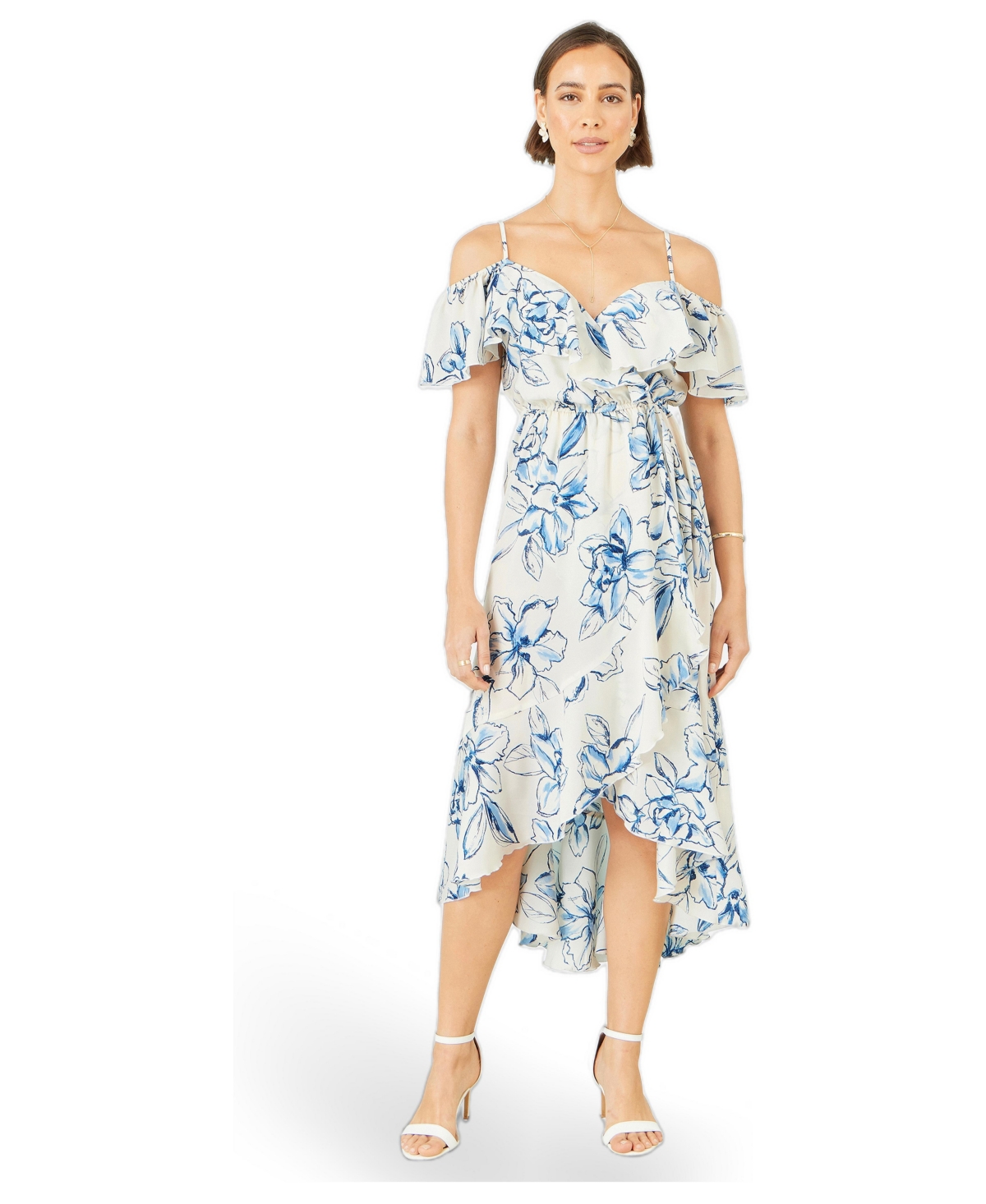 Yumi Women’s Floral Print Bardot Midi Dress – White Yumi Women’s Floral Print Bardot Midi Dress – White