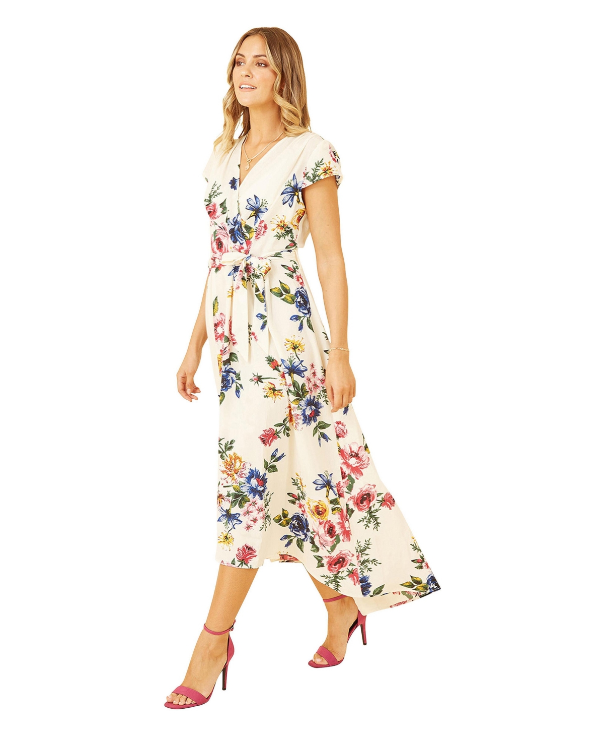 Yumi Women’s Floral Print Dip Hem Wrap Dress – Ivory Yumi Women’s Floral Print Dip Hem Wrap Dress – Ivory