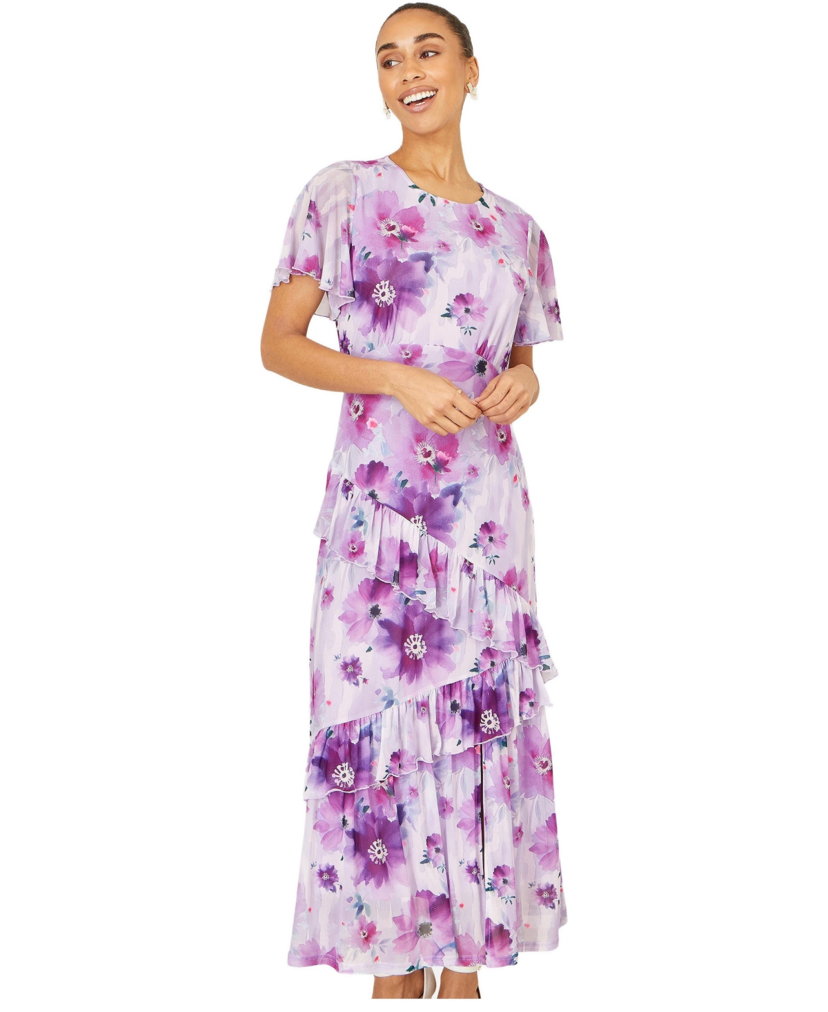 Yumi Women’s Floral Print Frill Midi Dress – Lavender