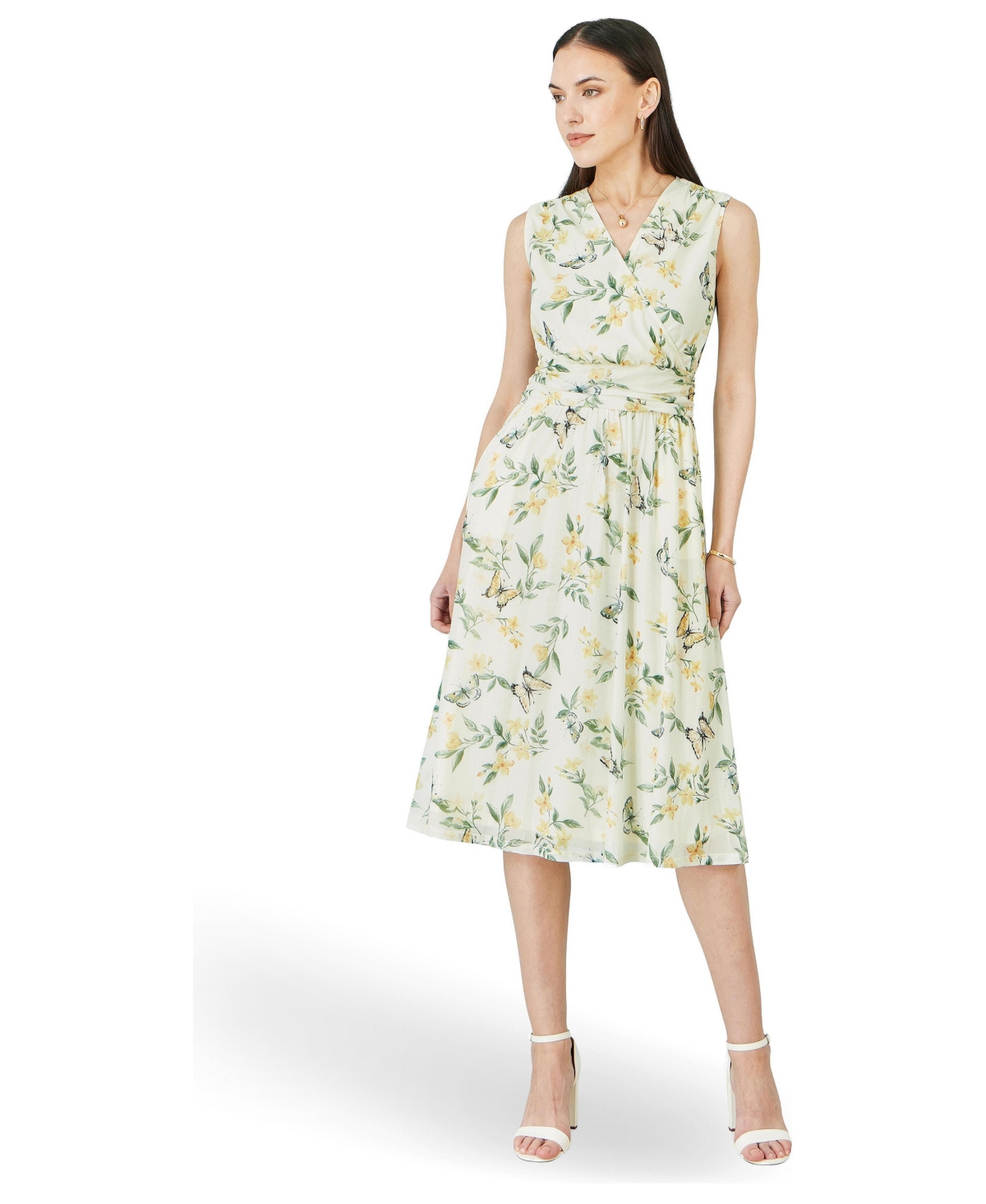 Yumi Women’s Floral Print Mesh Stretch Midi Dress – Ivory