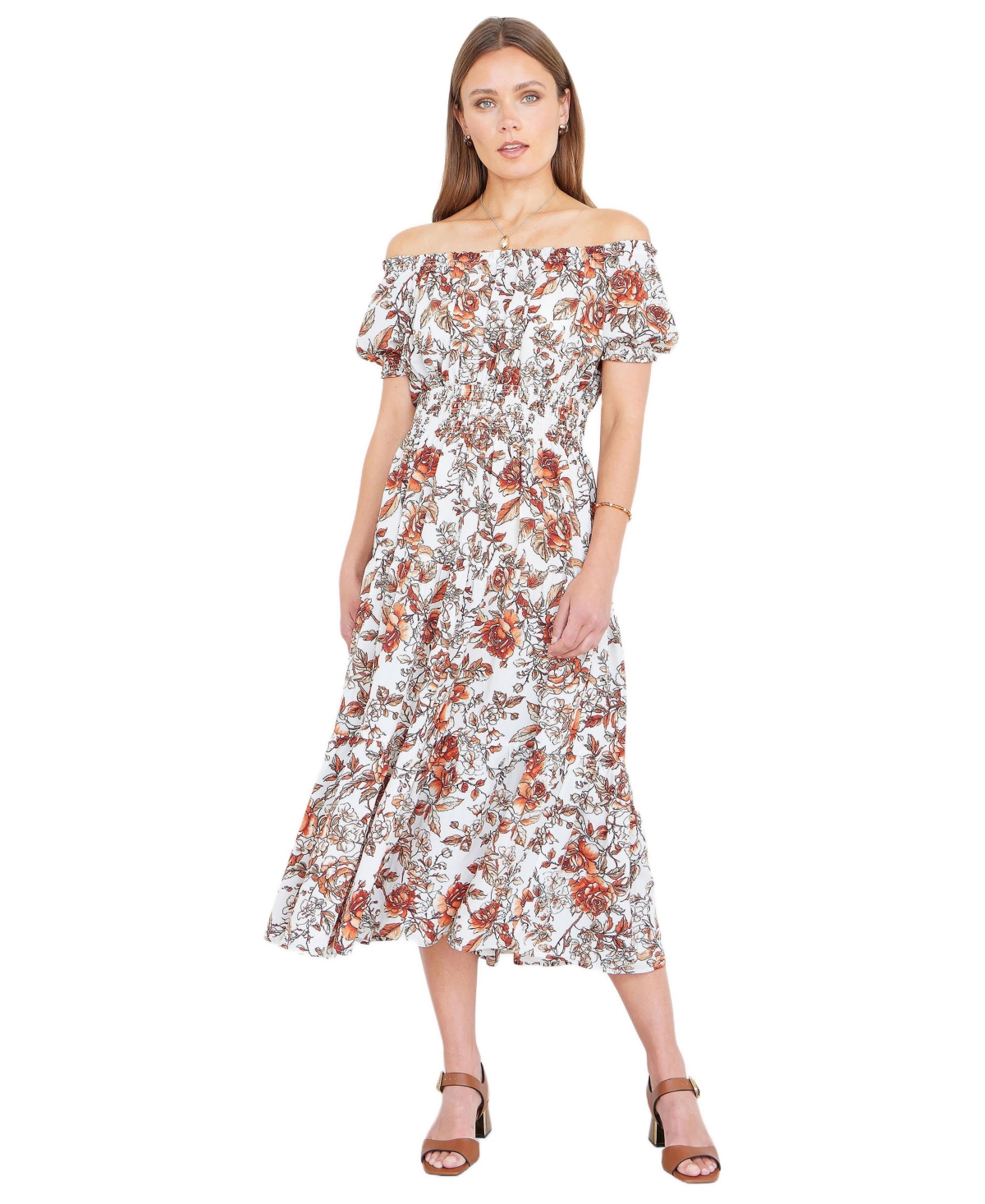 Yumi Women’s Floral Ruched Waist Midi Dress – Orange