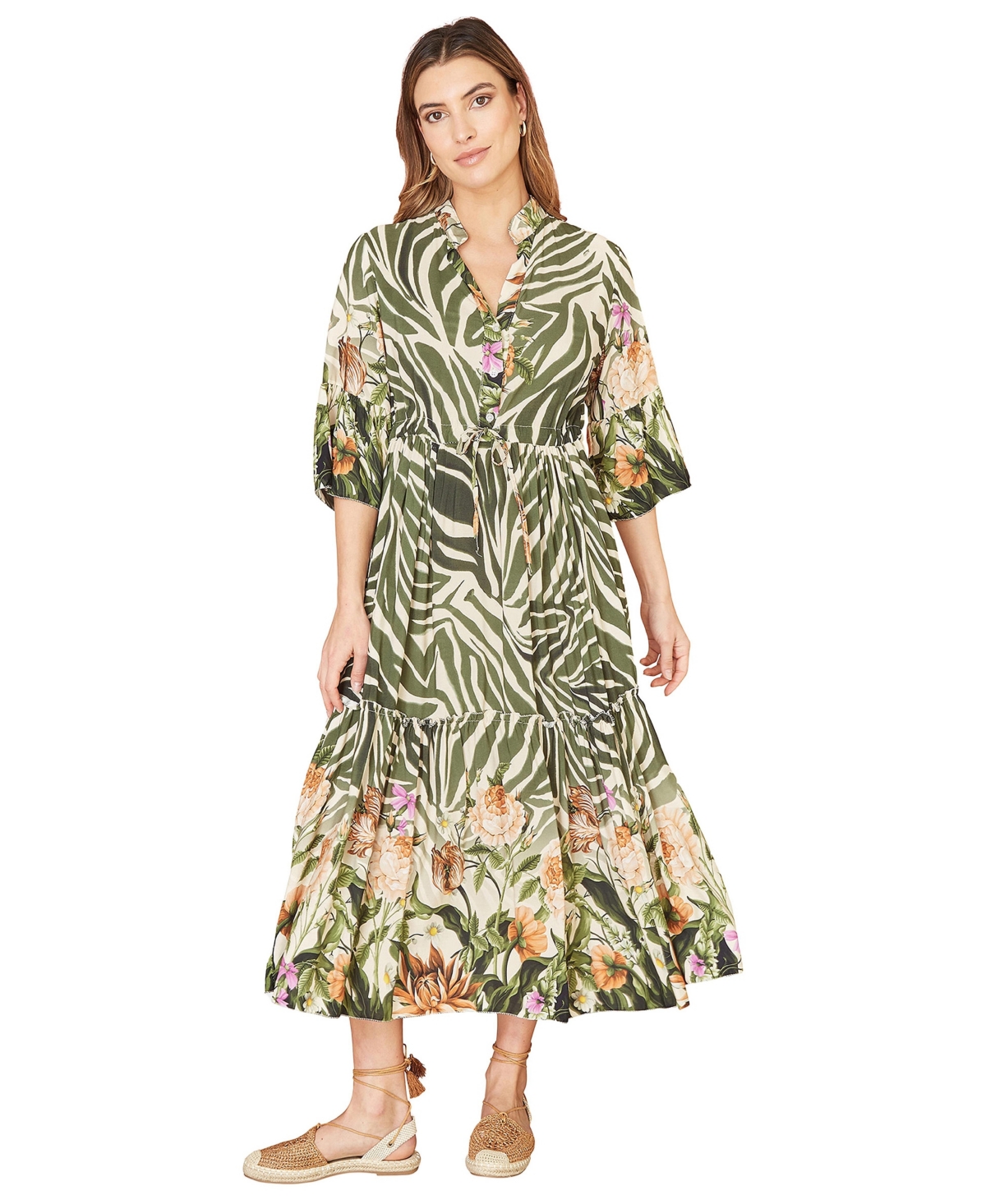 Yumi Women’s Floral Safari 3/4 Sleeve Midi Dress – Green Yumi Women’s Floral Safari 3/4 Sleeve Midi Dress – Green