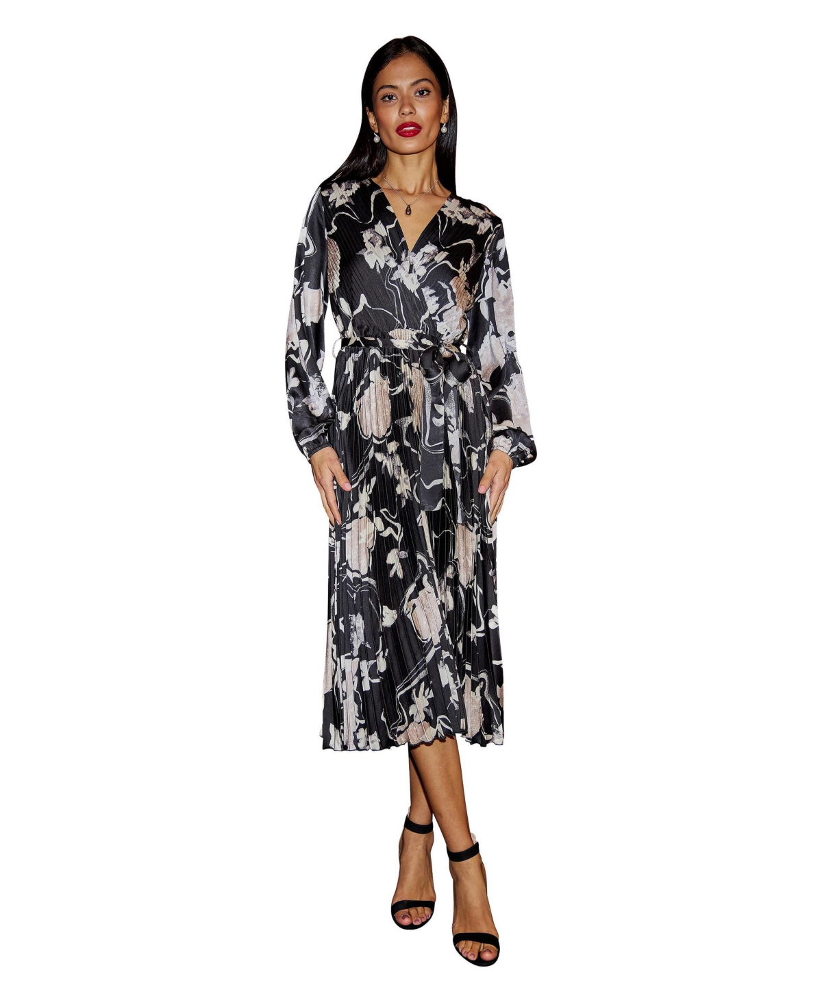 Yumi Women’s Floral Satin Long Sleeve Midi Dress – Black Yumi Women’s Floral Satin Long Sleeve Midi Dress – Black