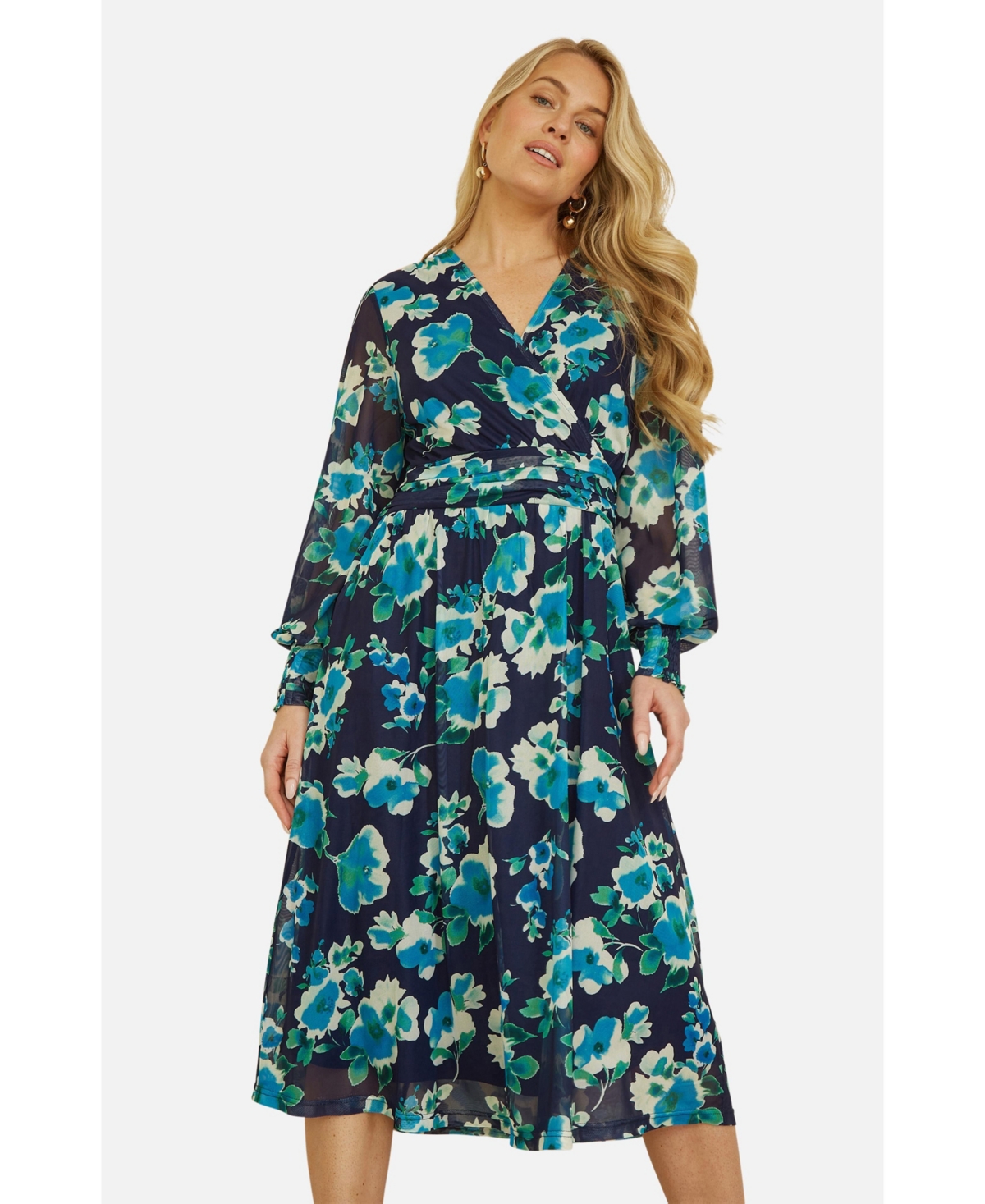 Yumi Women’s Floral V-Neck Long Sleeves Wrap Dress – Blue Yumi Women’s Floral V-Neck Long Sleeves Wrap Dress – Blue