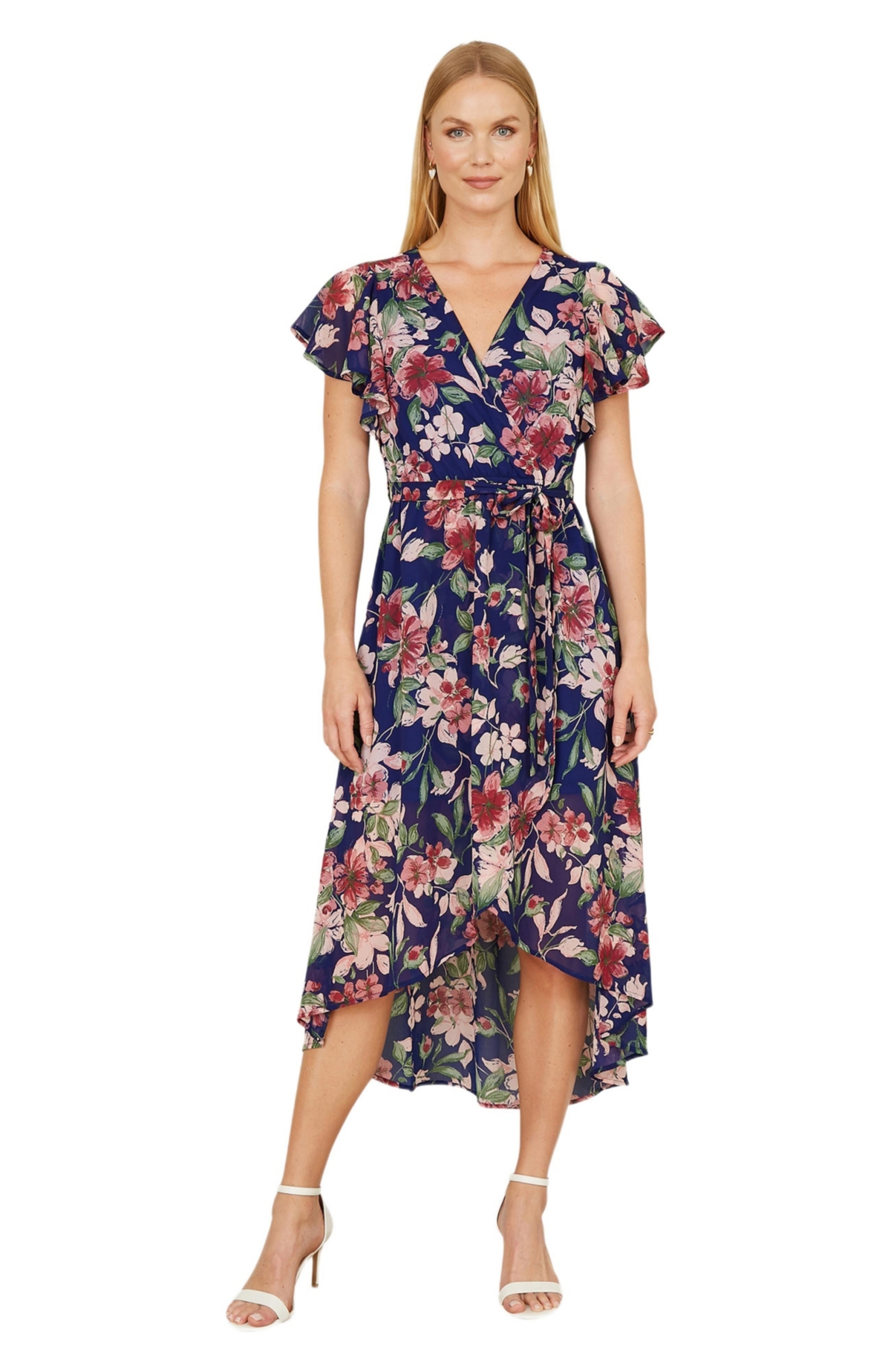 Yumi Women’s Floral Wrap Midi Dress With Frill Hem – Blue Yumi Women’s Floral Wrap Midi Dress With Frill Hem – Blue