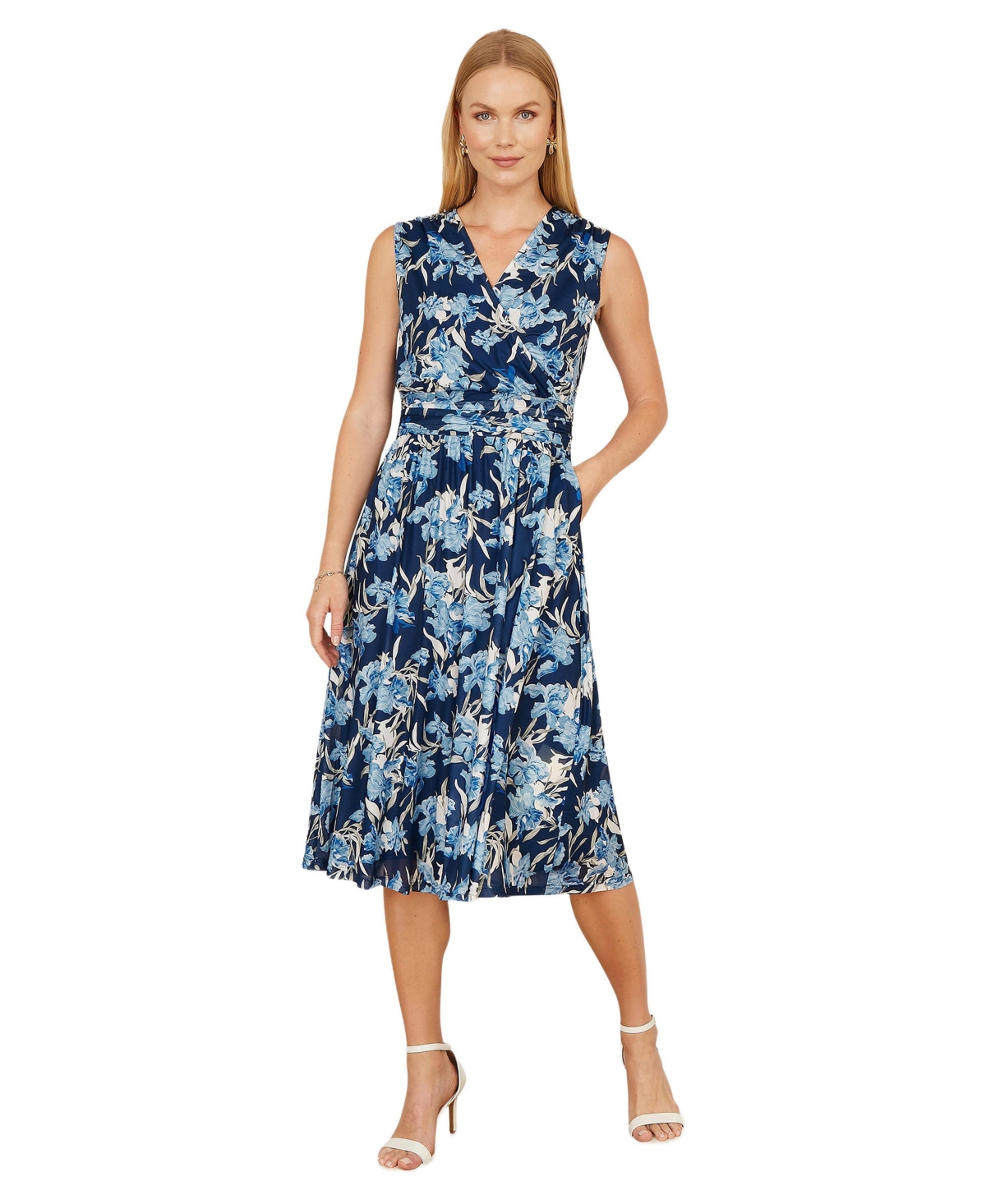 Yumi Women’s Floral Wrap V Neck Midi Skater Dress – Blue