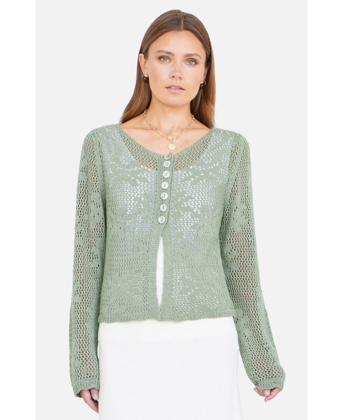 Yumi Women’s Flower Crochet Button Up Cardigan – Sage green