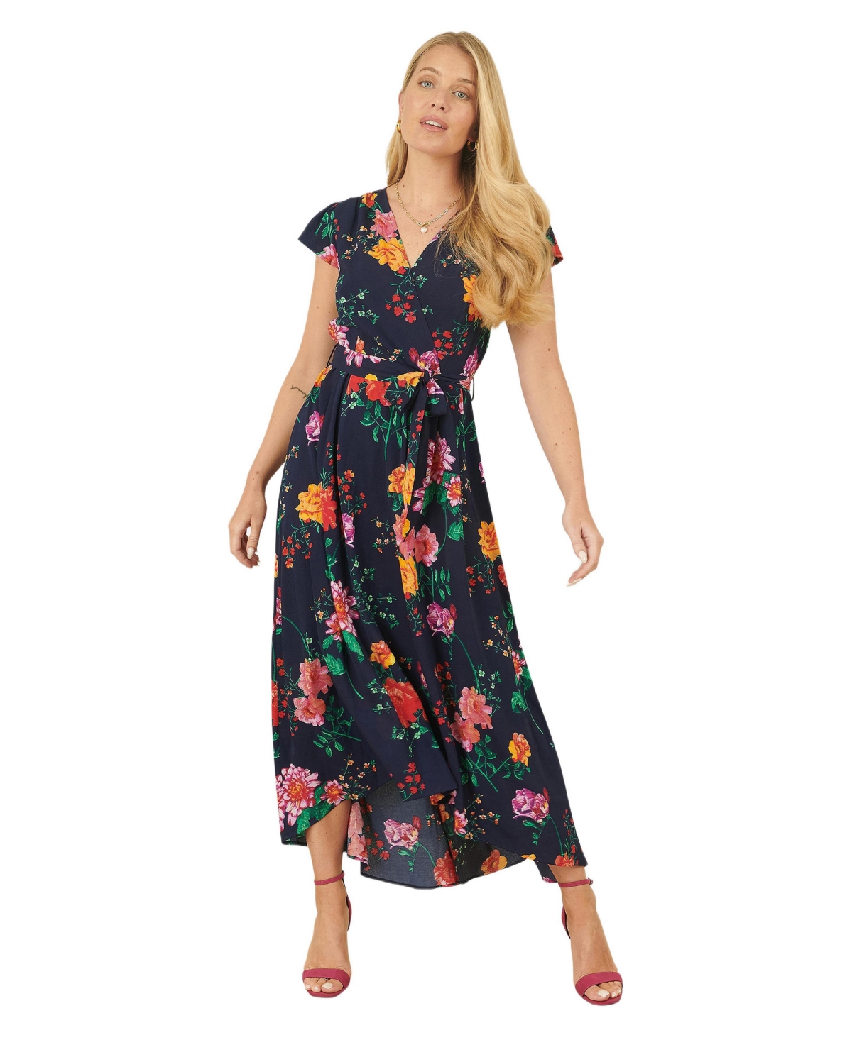 Yumi Women’s Flower Print Wrap Midi Dress – Navy