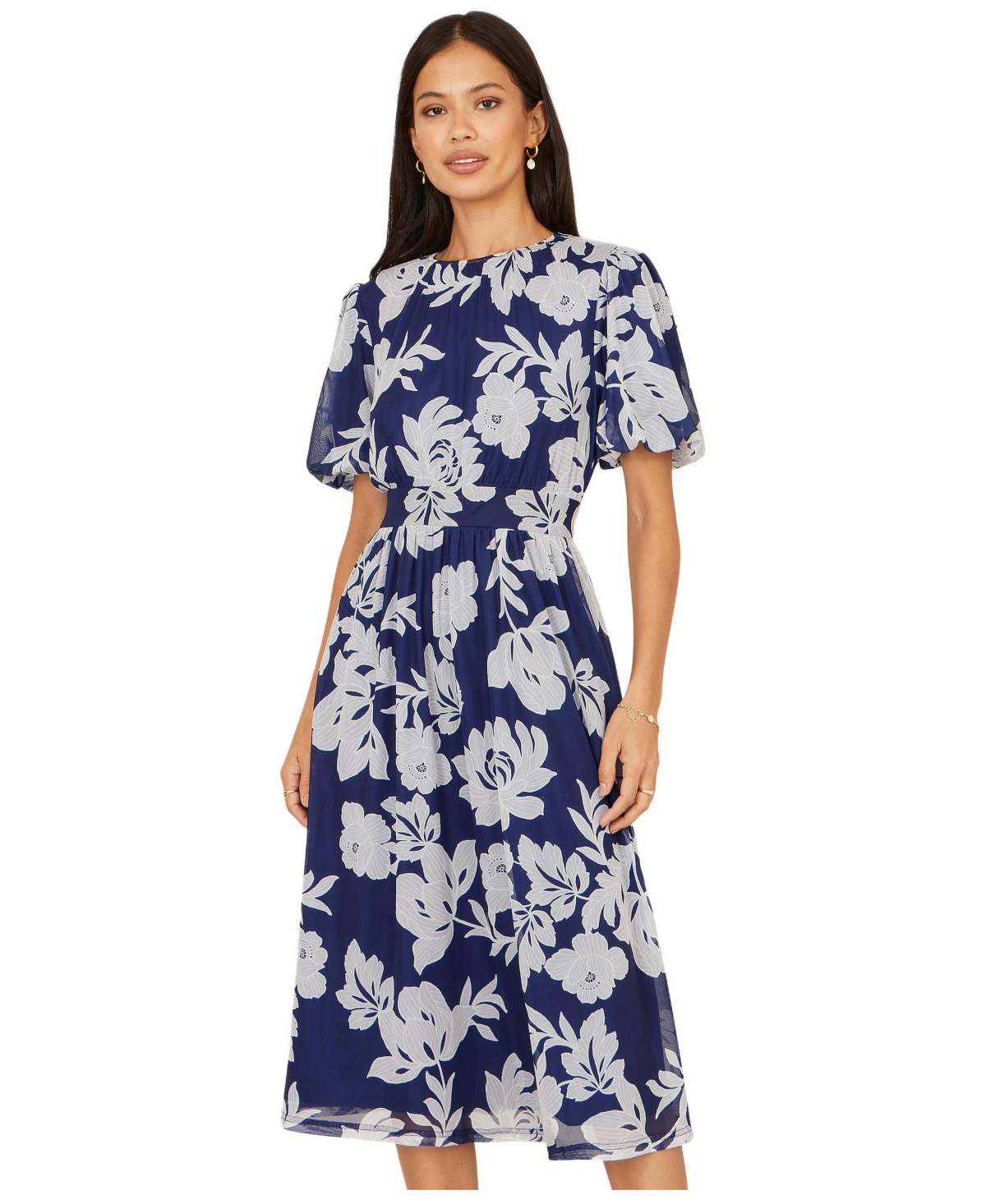 Yumi Women’s Flower Stretch Mesh Midi Dress – Navy