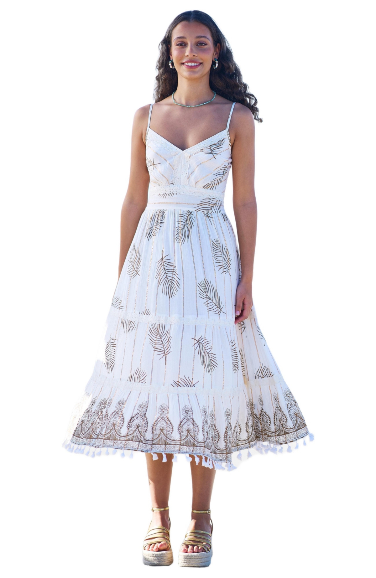Yumi Women’s Foil Print Lace Trim Midi Sun Dress – Ivory Yumi Women’s Foil Print Lace Trim Midi Sun Dress – Ivory