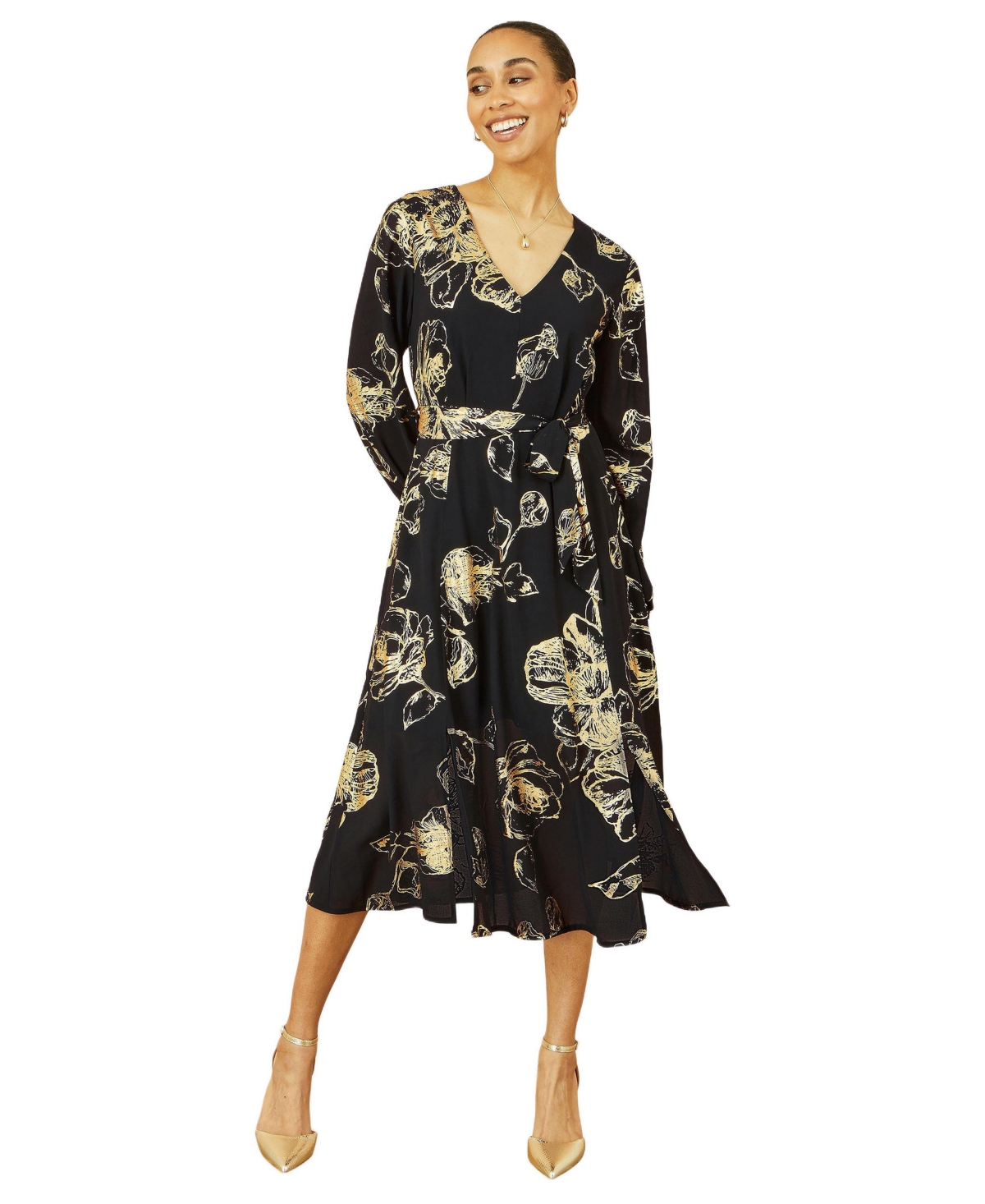 Yumi Women’s Foil Rose Print Midi Dress – Black Yumi Women’s Foil Rose Print Midi Dress – Black
