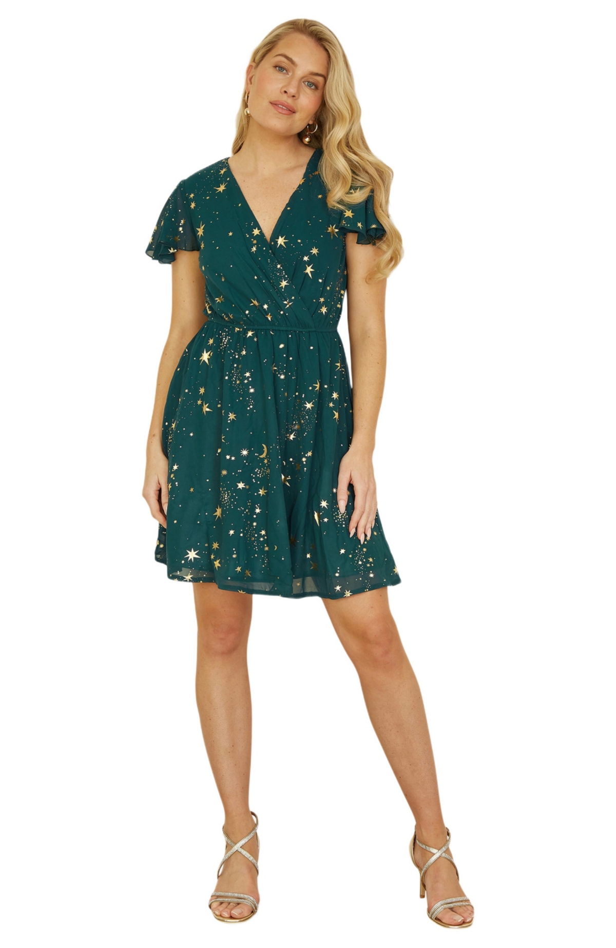 Yumi Women’s Foil Star Print Wrap Skater Dress – Green Yumi Women’s Foil Star Print Wrap Skater Dress – Green