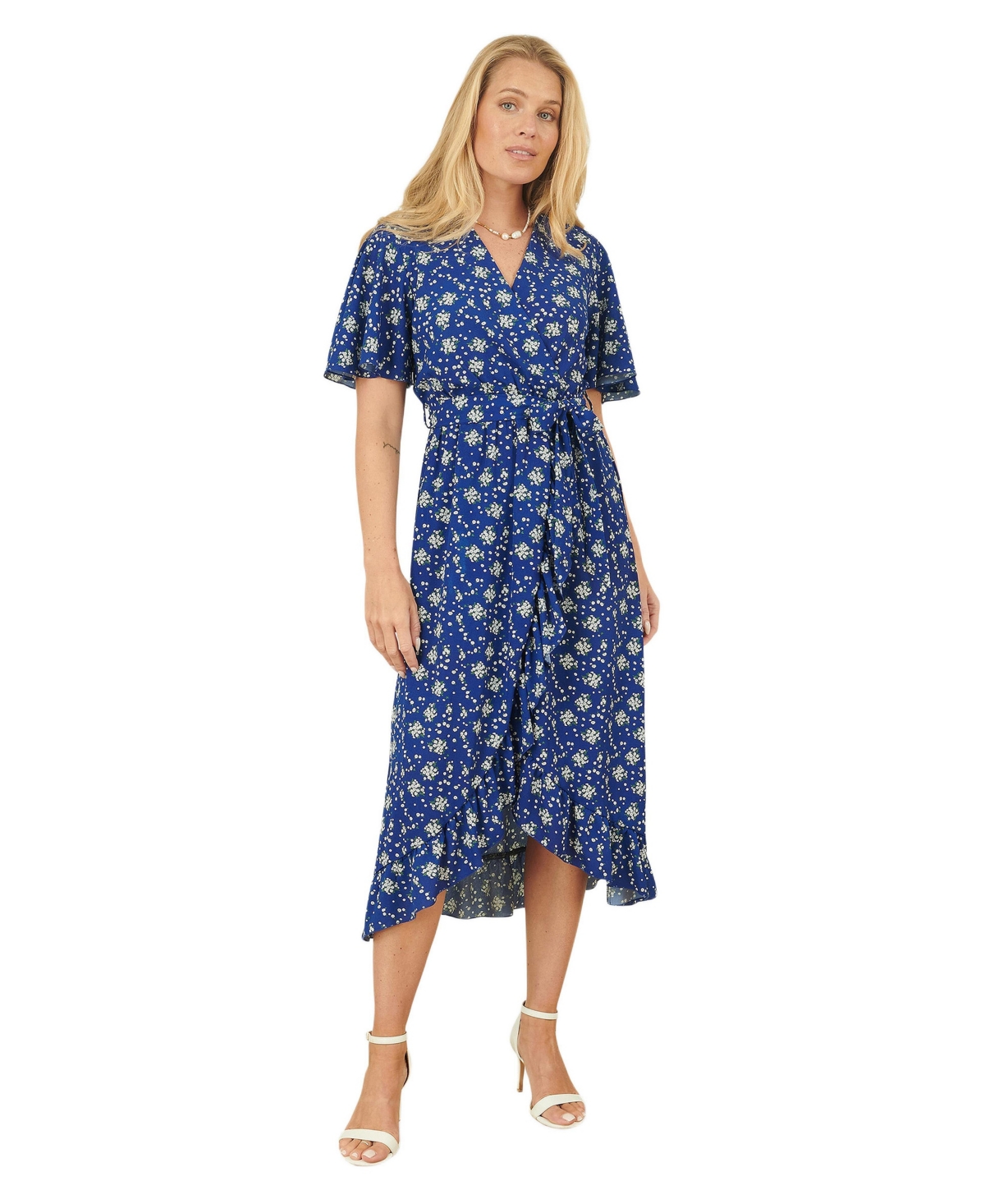 Yumi Women’s Frilled-Hem Wrap Midi Dress – Blue Yumi Women’s Frilled-Hem Wrap Midi Dress – Blue