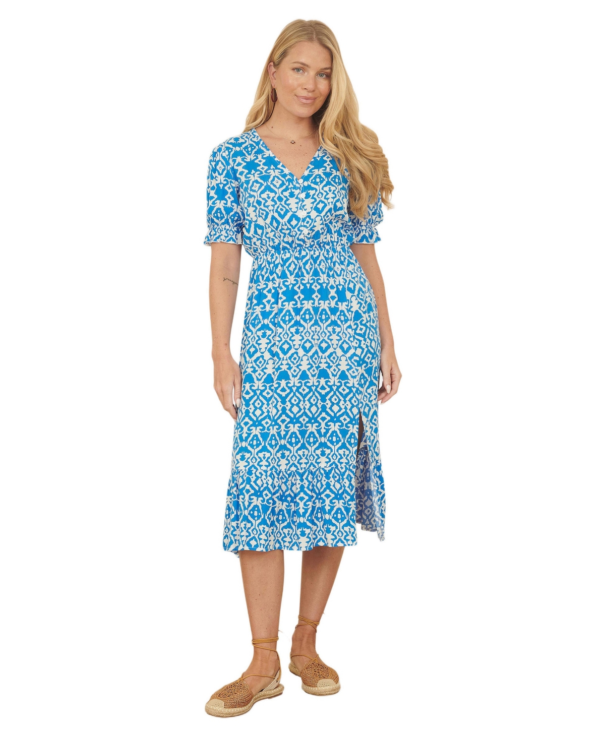 Yumi Women’s Geometric Print Puff Sleeve Midi Dress – Blue
