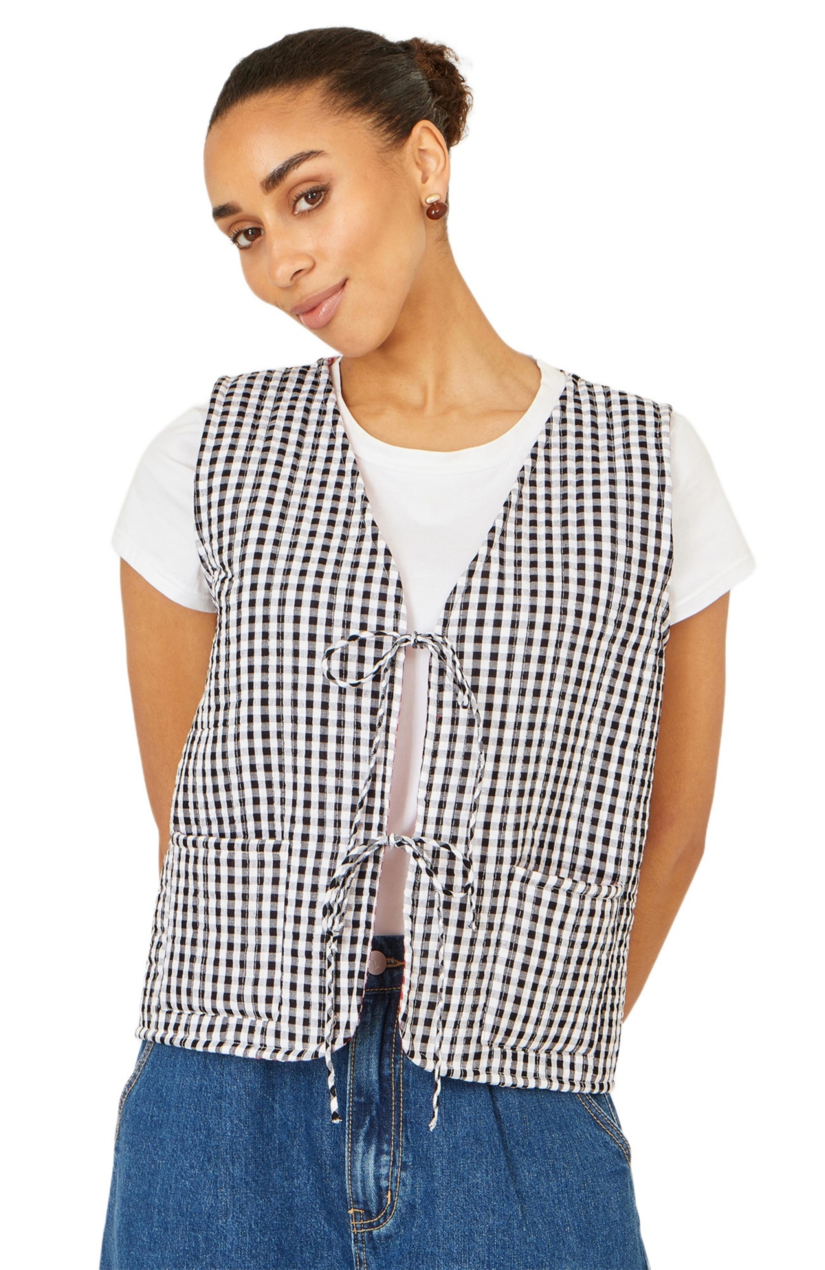 Yumi Women’s Gingham Reversible Cotton Tie Waistcoat – Black