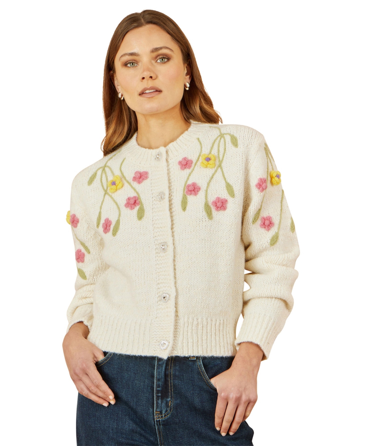 Yumi Women’s Hand Embroidered Flower Cardigan – Ivory Yumi Women’s Hand Embroidered Flower Cardigan – Ivory