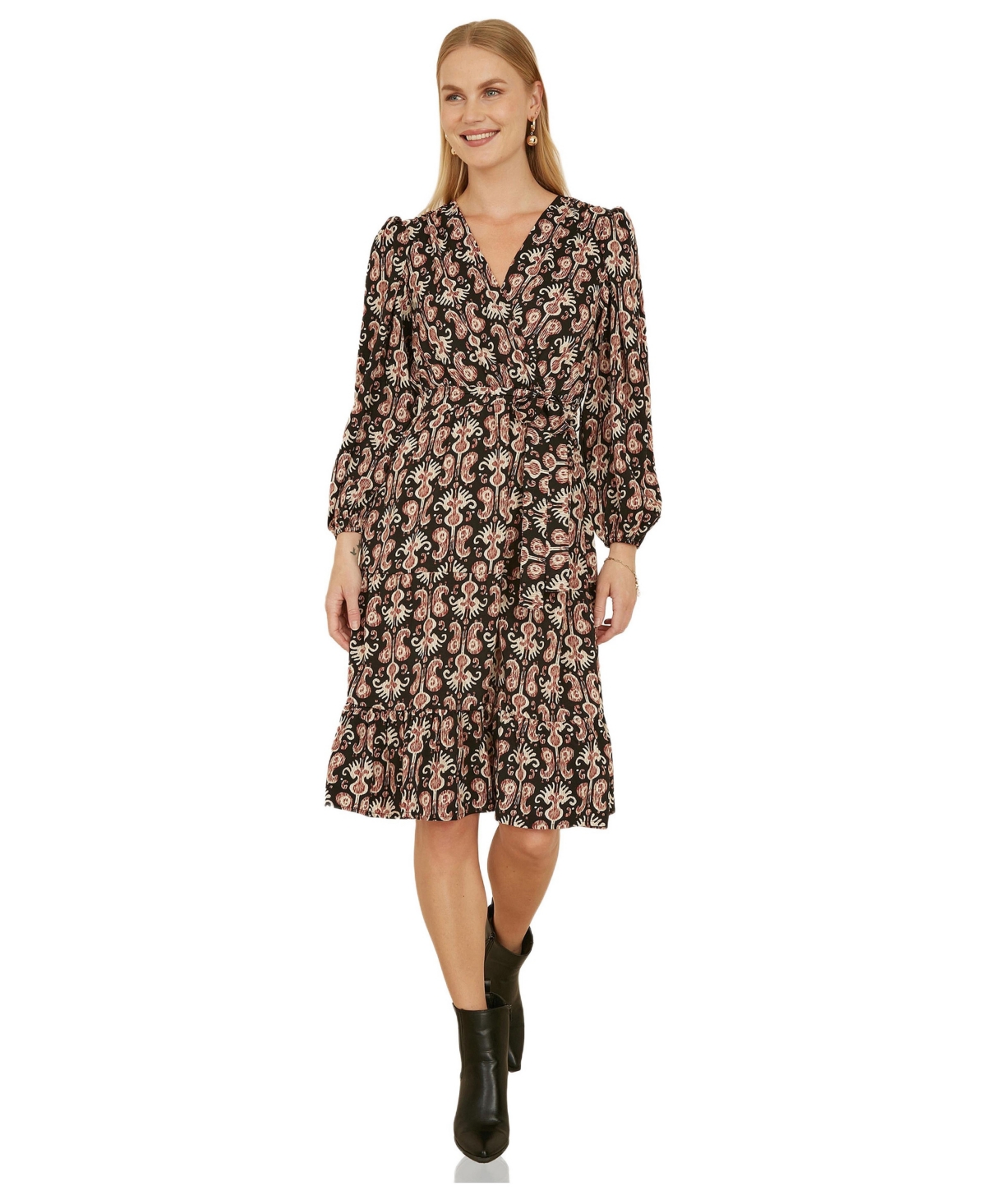 Yumi Women’s Ikat Long Sleeve Skater Midi Dress – Black Yumi Women’s Ikat Long Sleeve Skater Midi Dress – Black