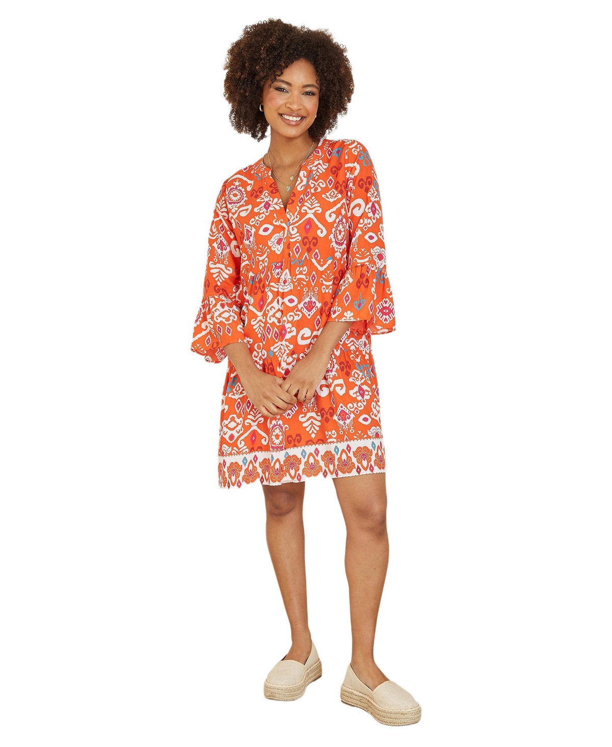 Yumi Women’s Ikat Print 3/4 Sleeve Tunic Dress – Orange