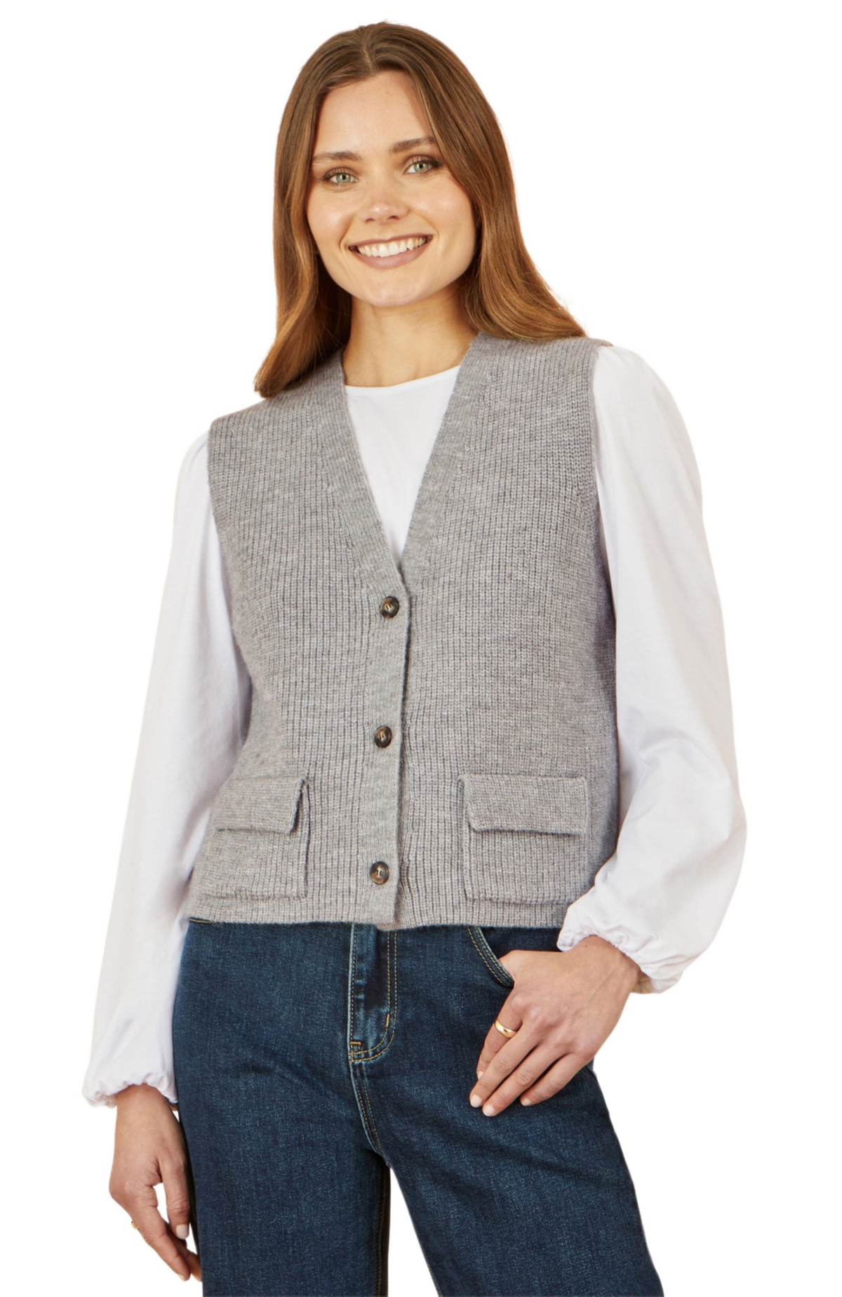 Yumi Women’s Knitted Pullover Waistcoat – Grey Yumi Women’s Knitted Pullover Waistcoat – Grey