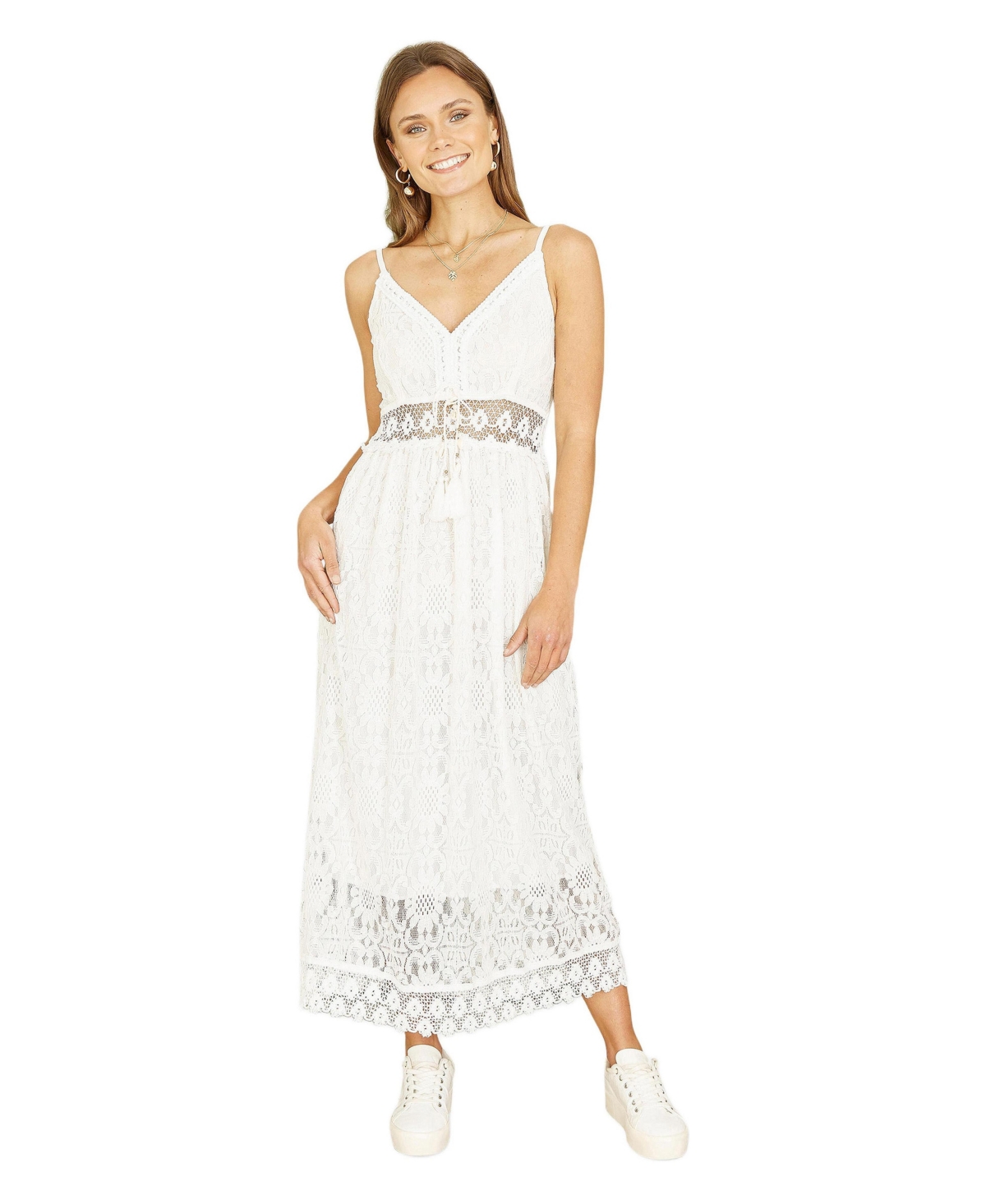 Yumi Women’s Lace Embroidered Tassel Tie Midi Dress – White Yumi Women’s Lace Embroidered Tassel Tie Midi Dress – White