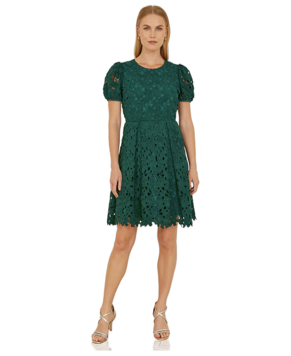 Yumi Women’s Lace Puff Sleeve Fit Flare Mini Dress – Green