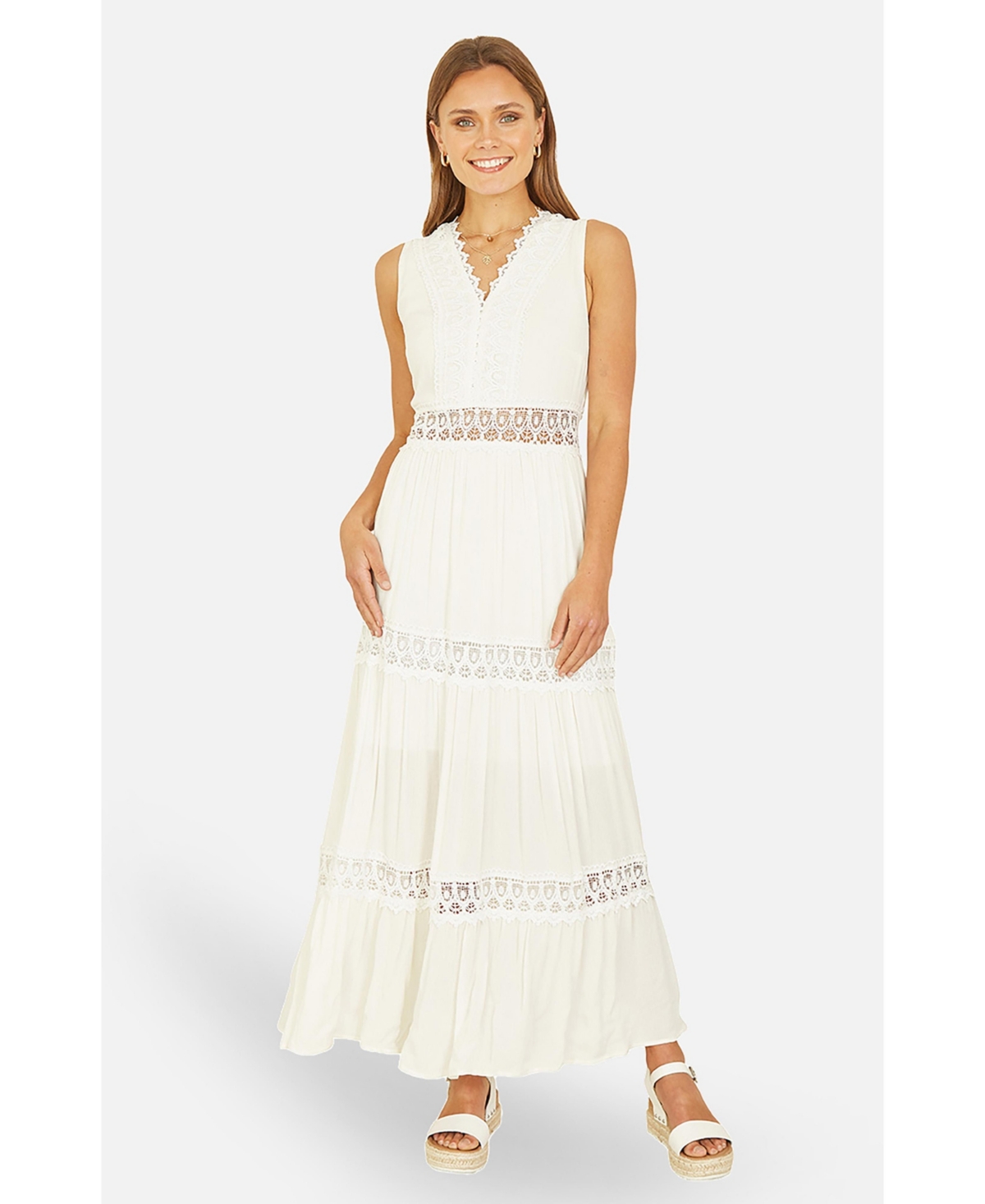 Yumi Women’s Lace Trim Cotton Maxi Sun Dress – White Yumi Women’s Lace Trim Cotton Maxi Sun Dress – White
