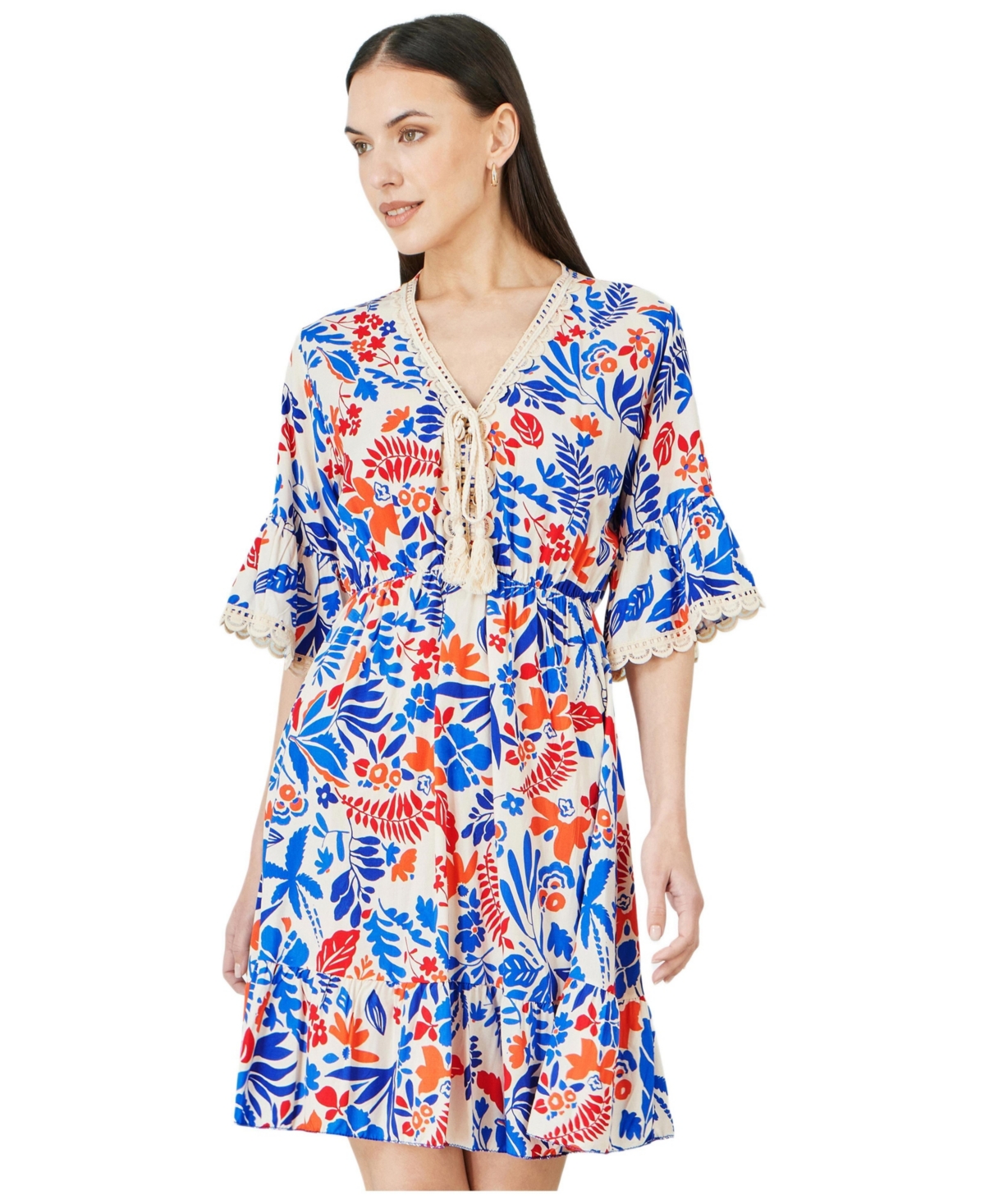 Yumi Women’s Leaf Print Kimono Sleeve Tunic Dress – Multi Yumi Women’s Leaf Print Kimono Sleeve Tunic Dress – Multi