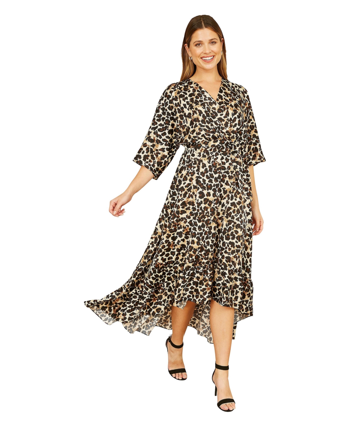 Yumi Women’s Leopard Print Kimono Sleeve Wrap Dress – Brown