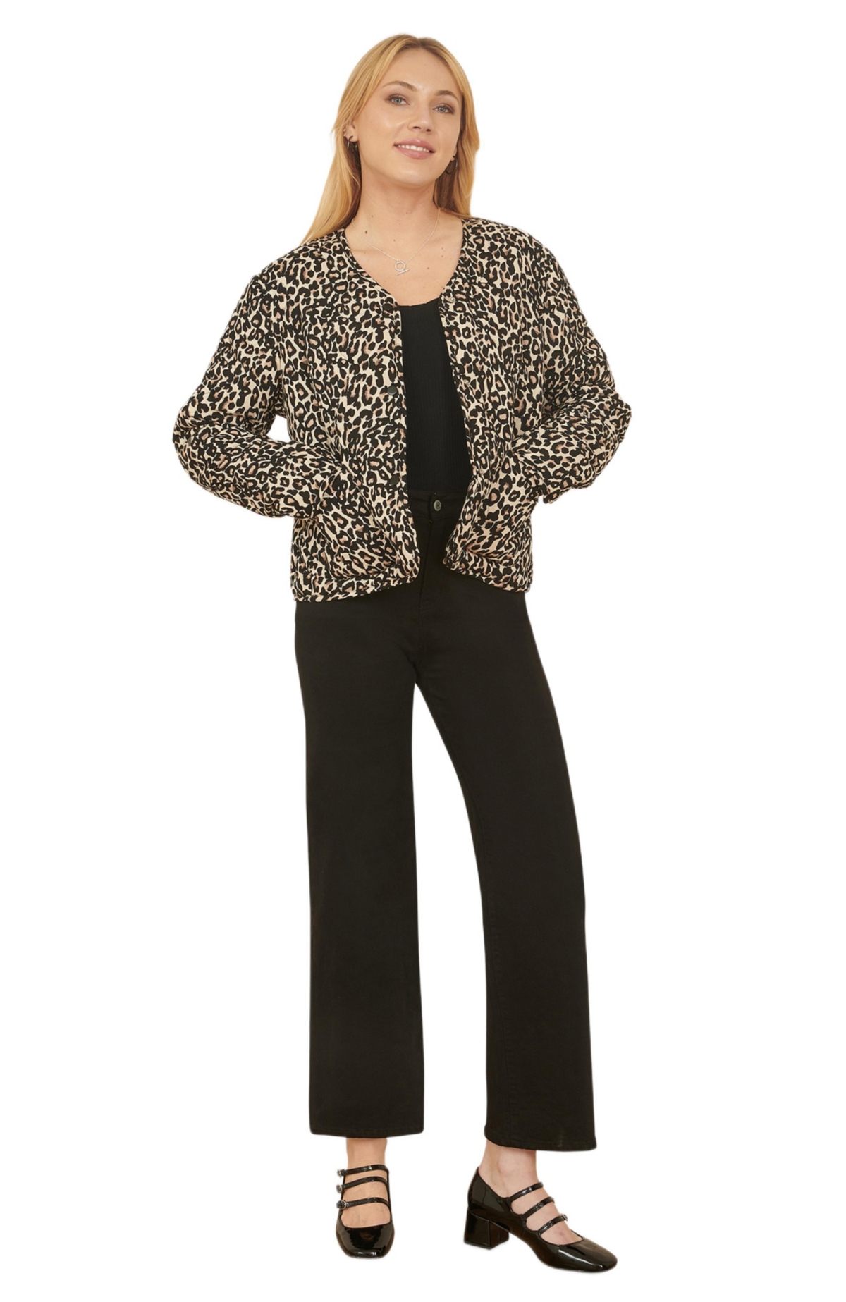 Yumi Women’s Leopard Print Round Neck Boxy Jacket – Black