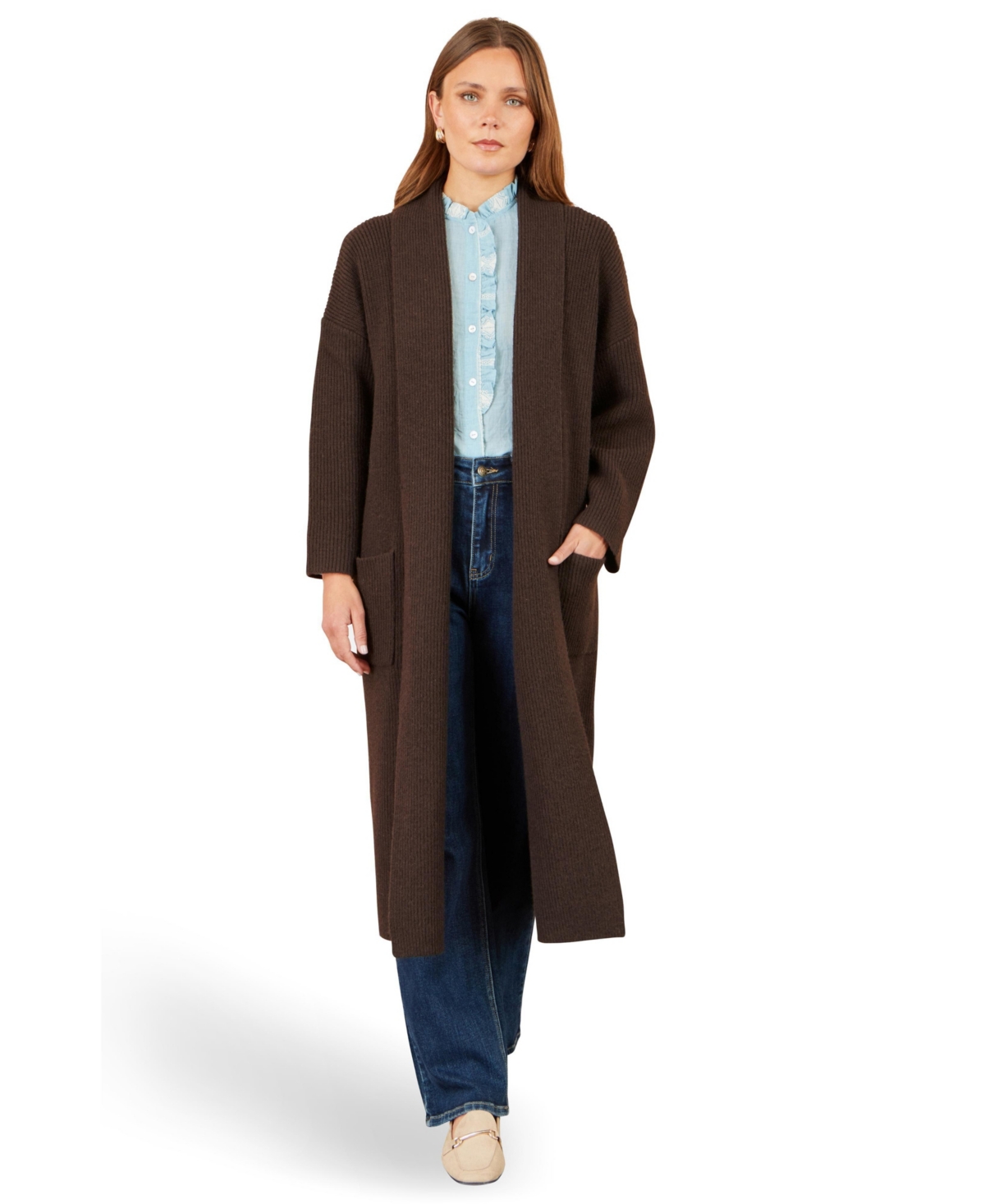 Yumi Women’s Long Sleeve Knitted Maxi Cardigan – Brown Yumi Women’s Long Sleeve Knitted Maxi Cardigan – Brown