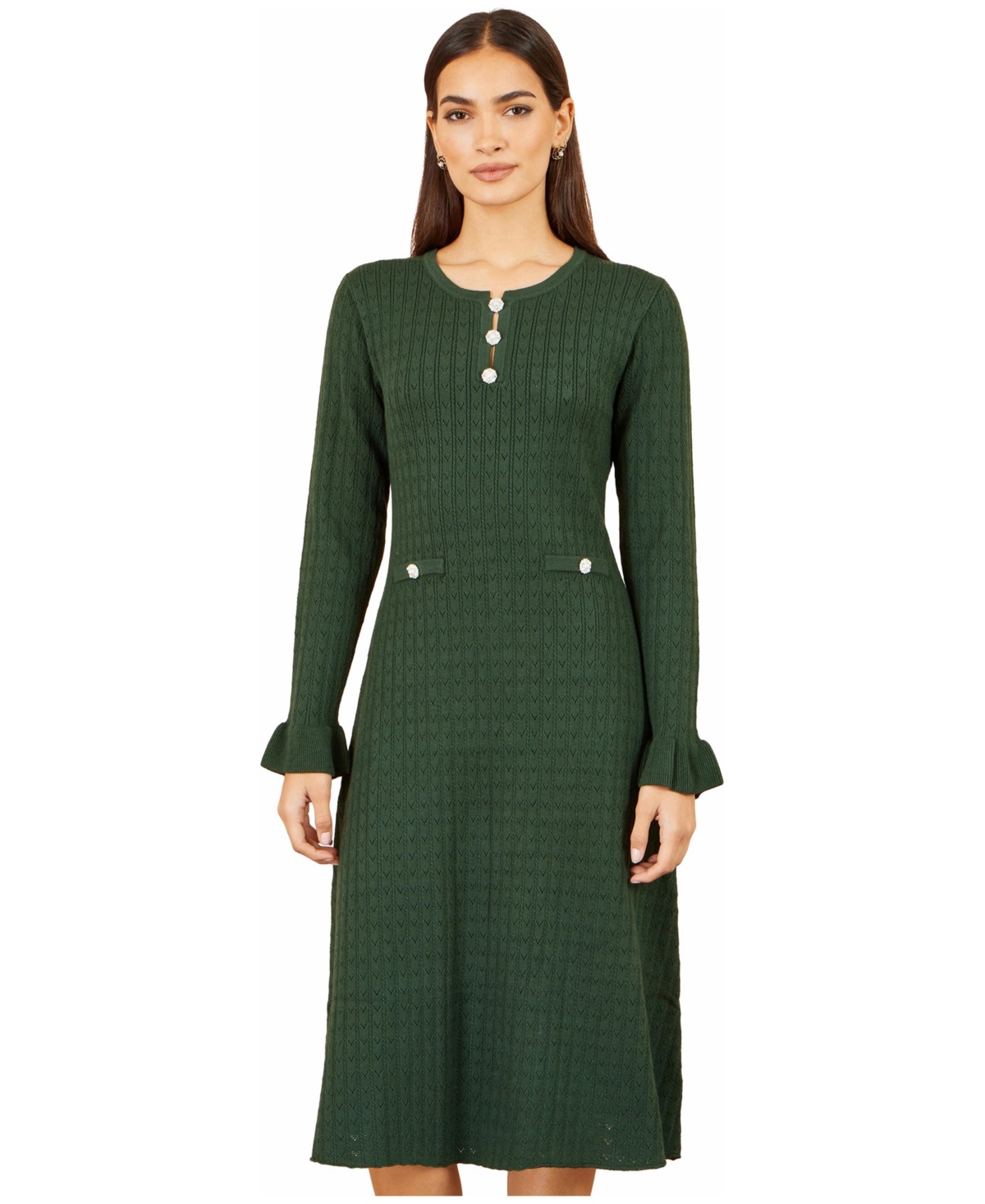Yumi Women’s Long Sleeve Knitted Midi Dress – Green