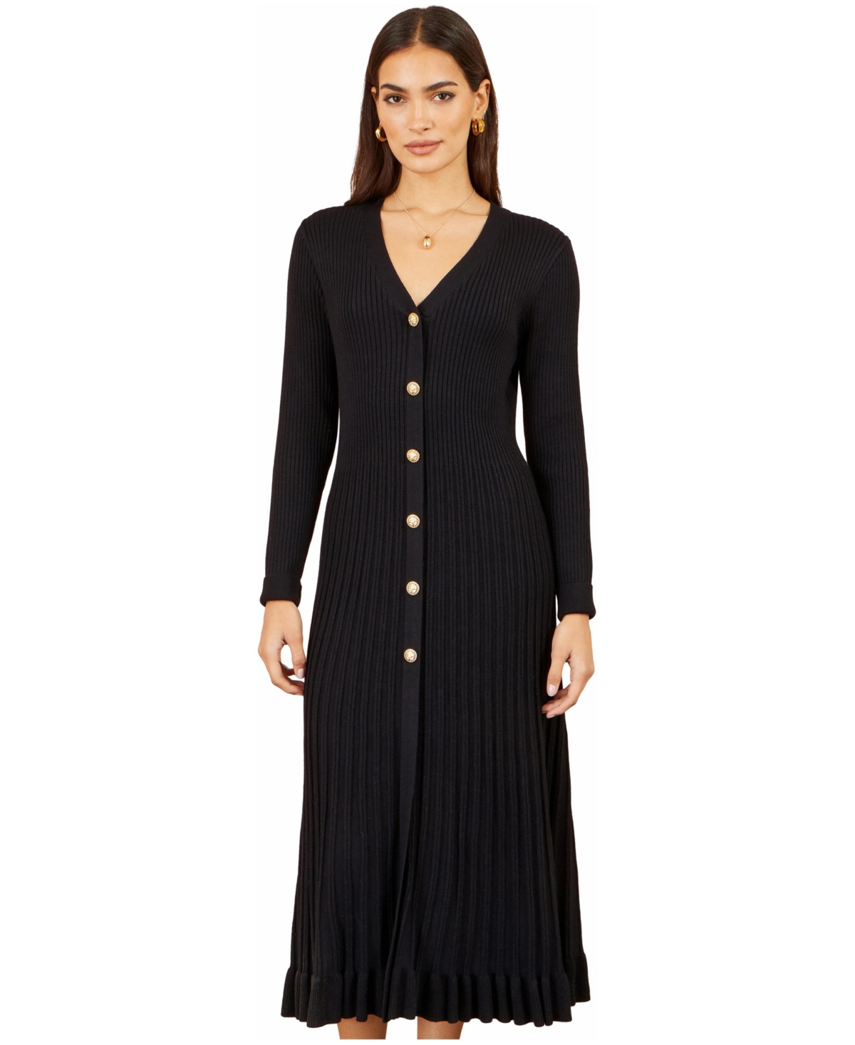 Yumi Women’s Long Sleeve Ribbed Midi Knit Dress – Black Yumi Women’s Long Sleeve Ribbed Midi Knit Dress – Black