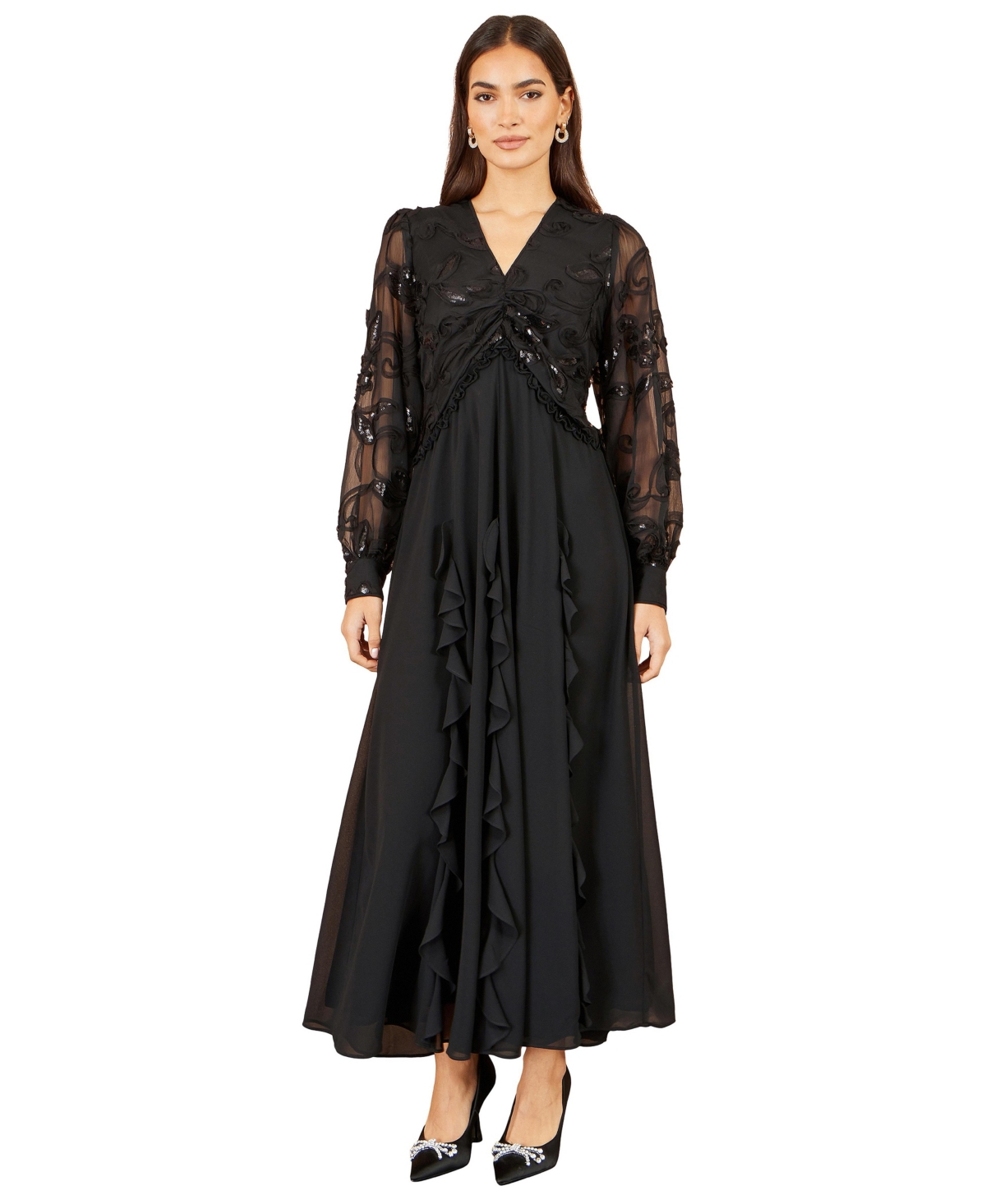 Yumi Women’s Long-Sleeve V-Neck Sequin Maxi Dress – Black