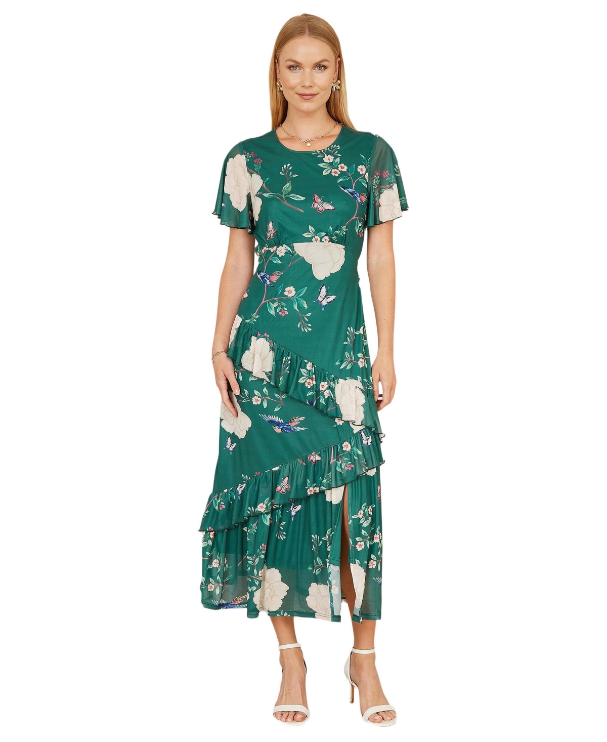 Yumi Women’s Mesh Bird And Floral Print Midi Dress – Green Yumi Women’s Mesh Bird And Floral Print Midi Dress – Green