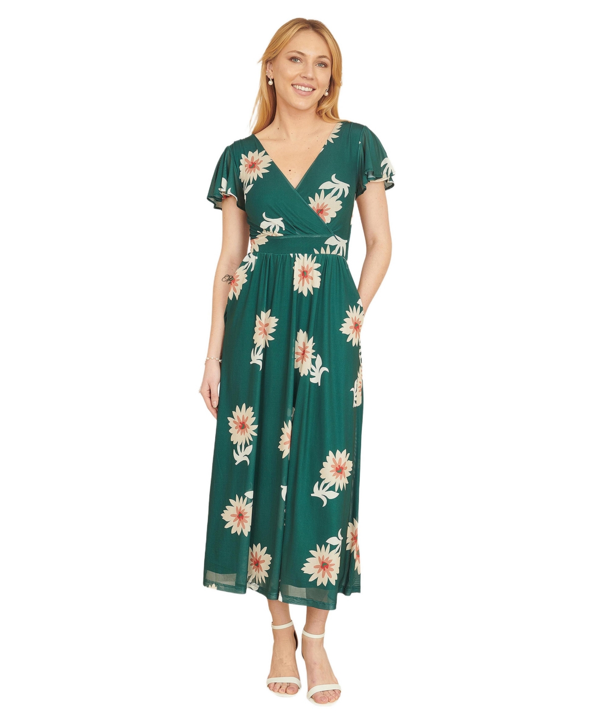 Yumi Women’s Mesh Flower With Pockets Wrap Midi Dress – Green Yumi Women’s Mesh Flower With Pockets Wrap Midi Dress – Green