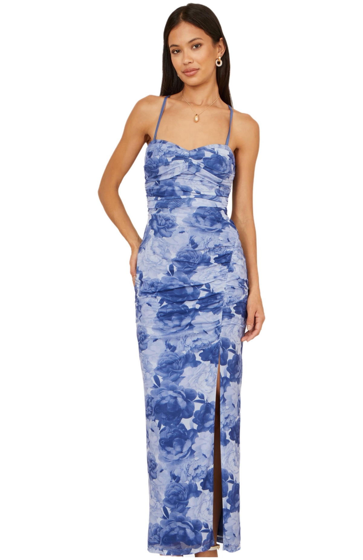 Yumi Women’s Mesh Ruched Midi Dress – Blue