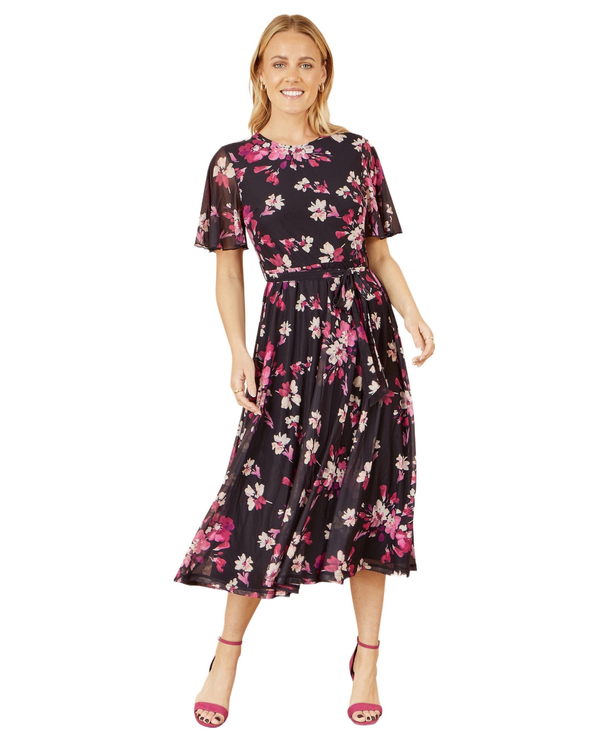 Yumi Women’s Mesh Skater Floral Midi Dress – Black