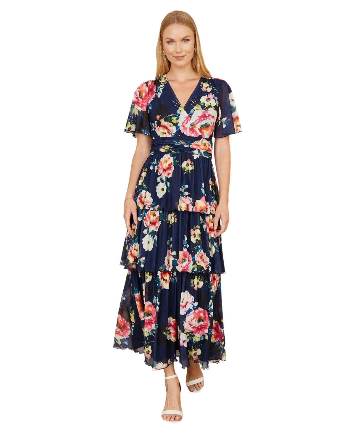 Yumi Women’s Mesh V-Neck Tiered Maxi Dress – Navy Yumi Women’s Mesh V-Neck Tiered Maxi Dress – Navy