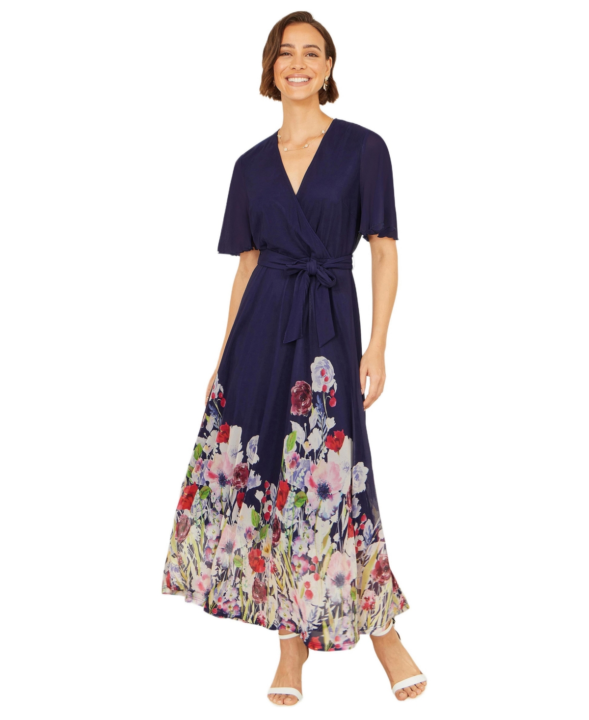 Yumi Women’s Mesh Wrap Midi Dress – Navy