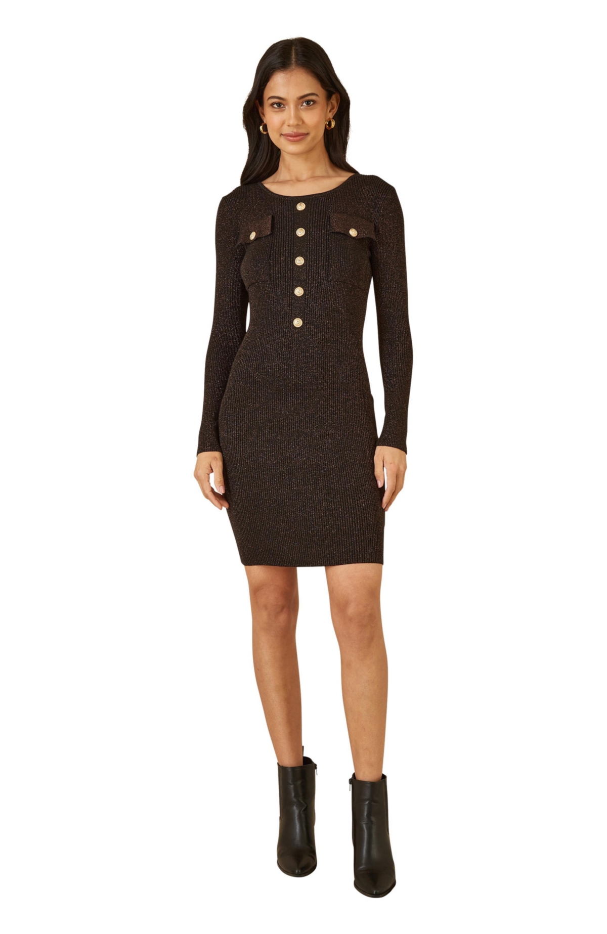 Yumi Women’s Metallic Fitted Military Knit Dress – Black Yumi Women’s Metallic Fitted Military Knit Dress – Black