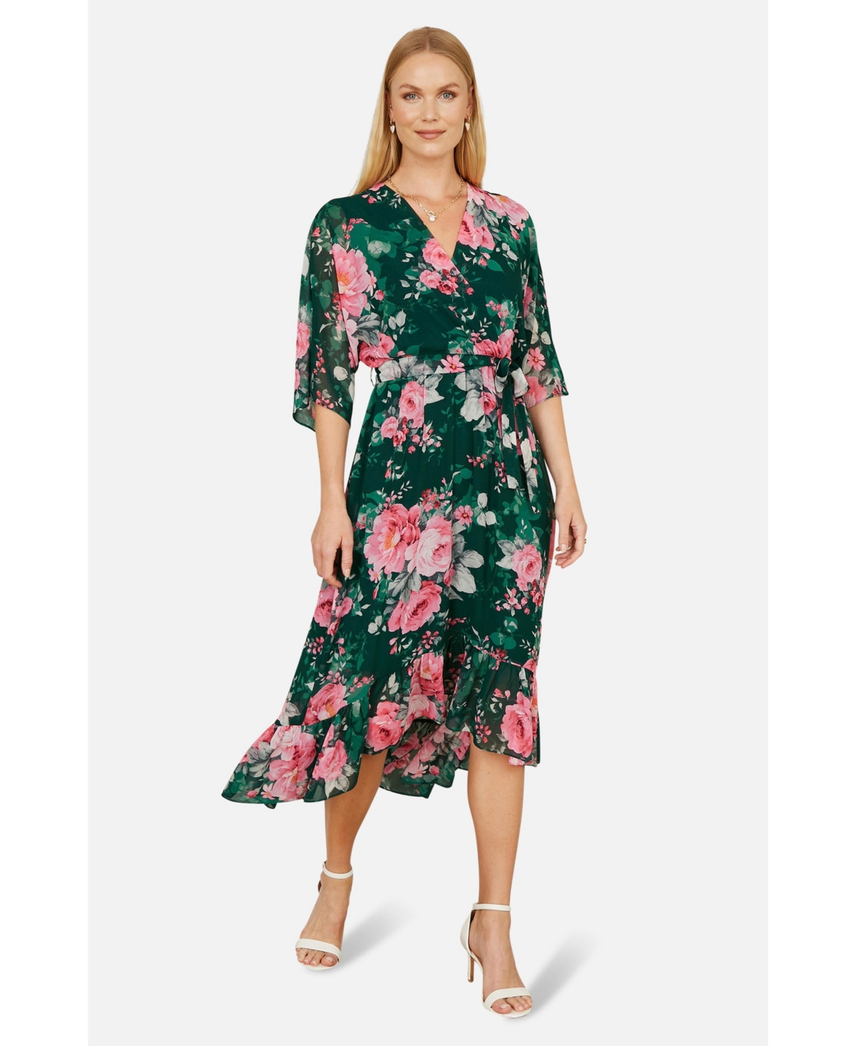 Yumi Women’s Midi Dip Hem Wrap Midi Dress – Green Yumi Women’s Midi Dip Hem Wrap Midi Dress – Green