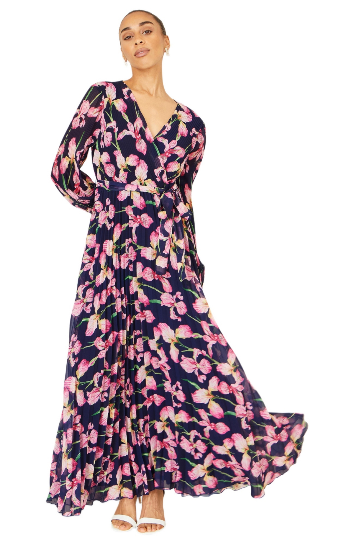 Yumi Women’s Orchid Floral Pleated Wrap Maxi Dress – Navy