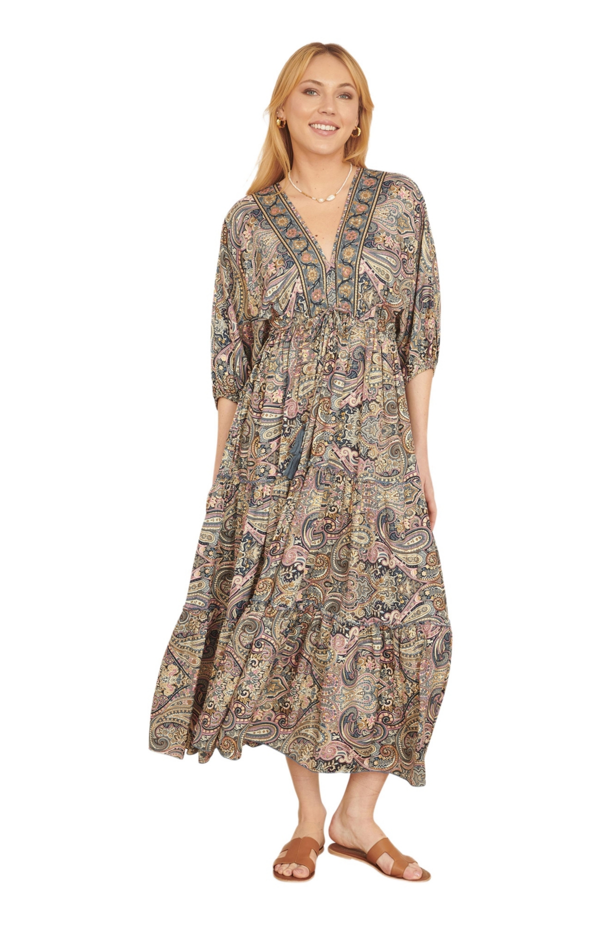 Yumi Women’s Paisley Print Midi Kimono Dress – Beige/Khaki Yumi Women’s Paisley Print Midi Kimono Dress – Beige/Khaki