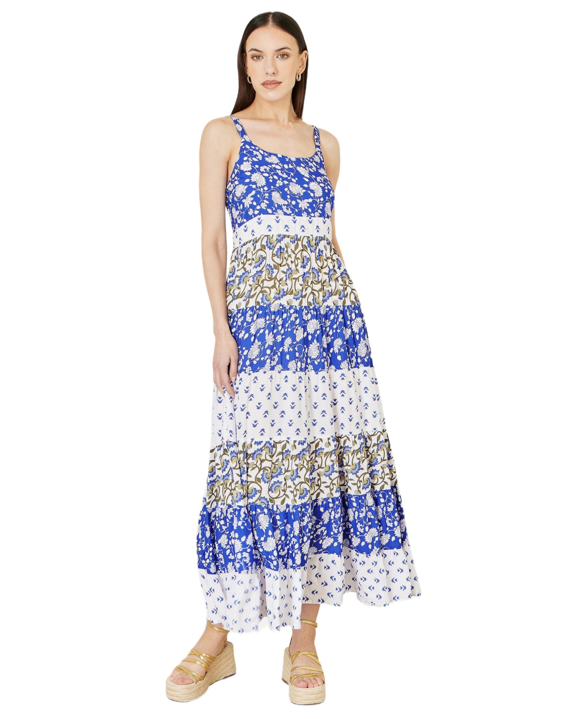Yumi Women’s Patchwork Print Tiered Maxi Dress – Blue Yumi Women’s Patchwork Print Tiered Maxi Dress – Blue