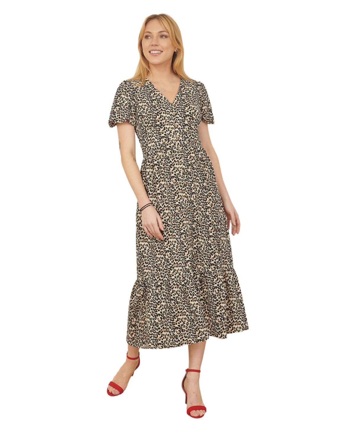 Yumi Women’s Pleated Button Through Midi Dress – Brown