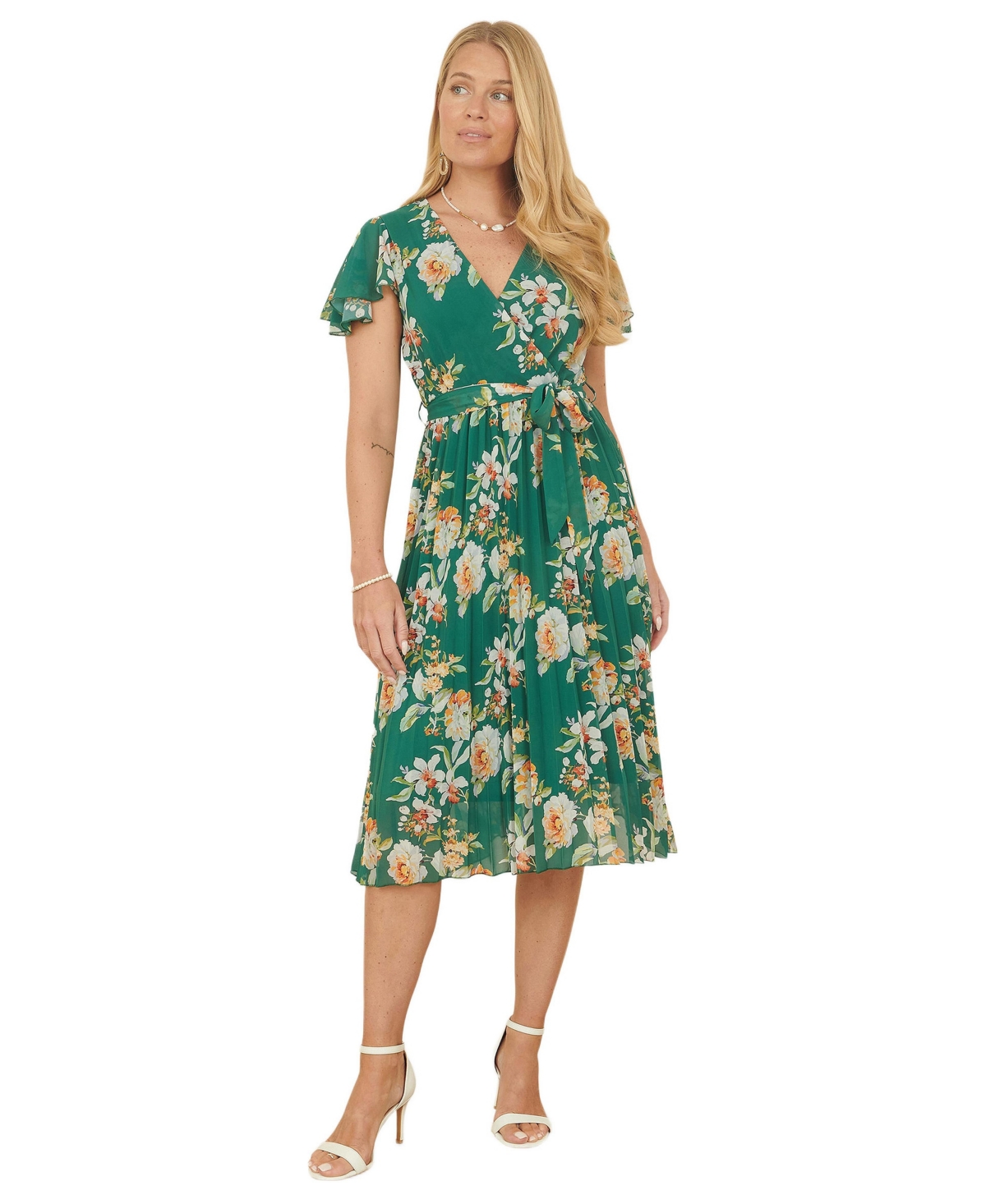 Yumi Women’s Pleated Floral Tie-Waist Wrap Midi Dress – Green Yumi Women’s Pleated Floral Tie-Waist Wrap Midi Dress – Green